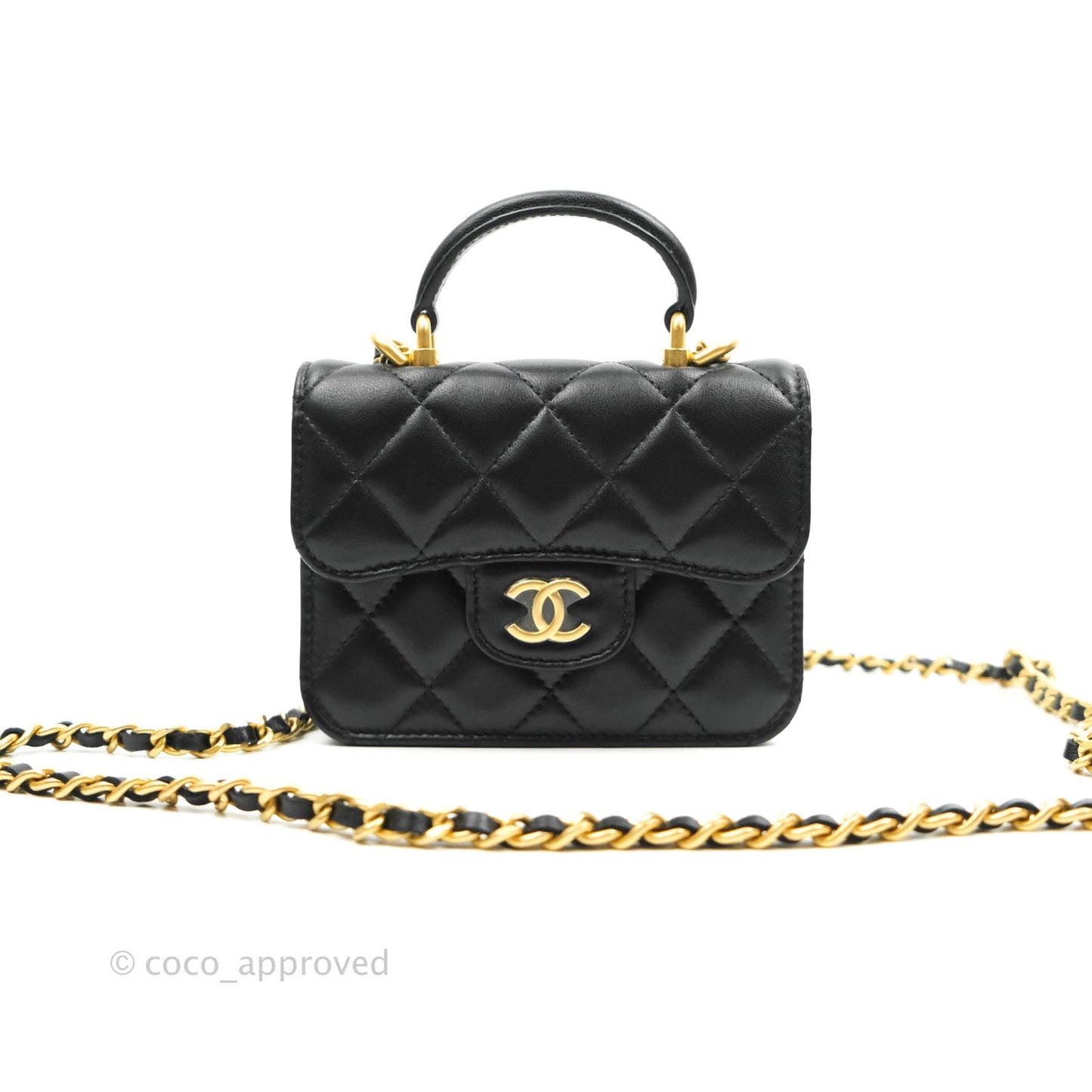 Chanel Mini Handle Flap Coin Purse With Chain Black Lambskin Gold Hardware