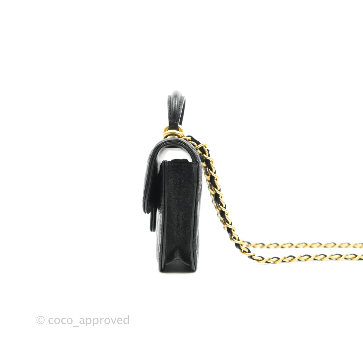 Chanel Mini Handle Flap Coin Purse With Chain Black Lambskin Gold Hardware