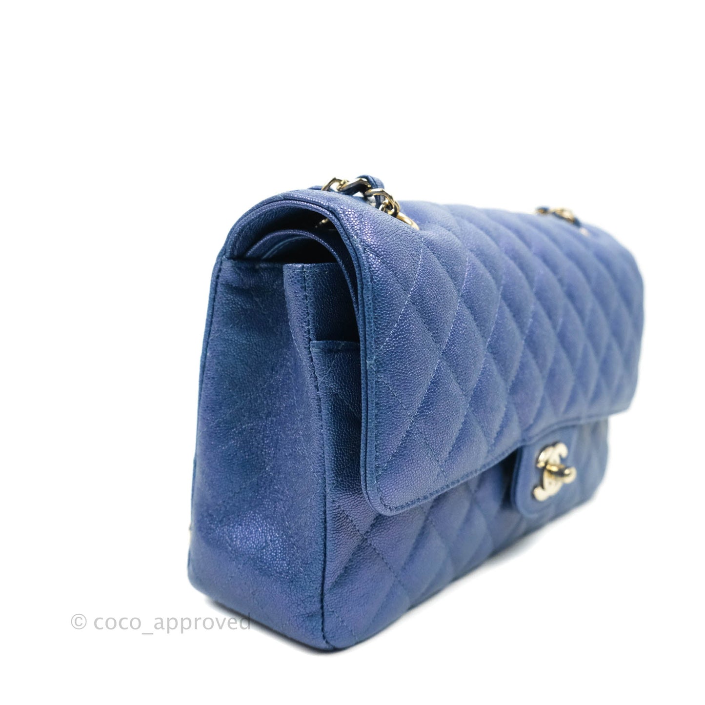 Chanel Quilted M/L Medium Double Flap Iridescent Blue Caviar Gold Hardware 19S