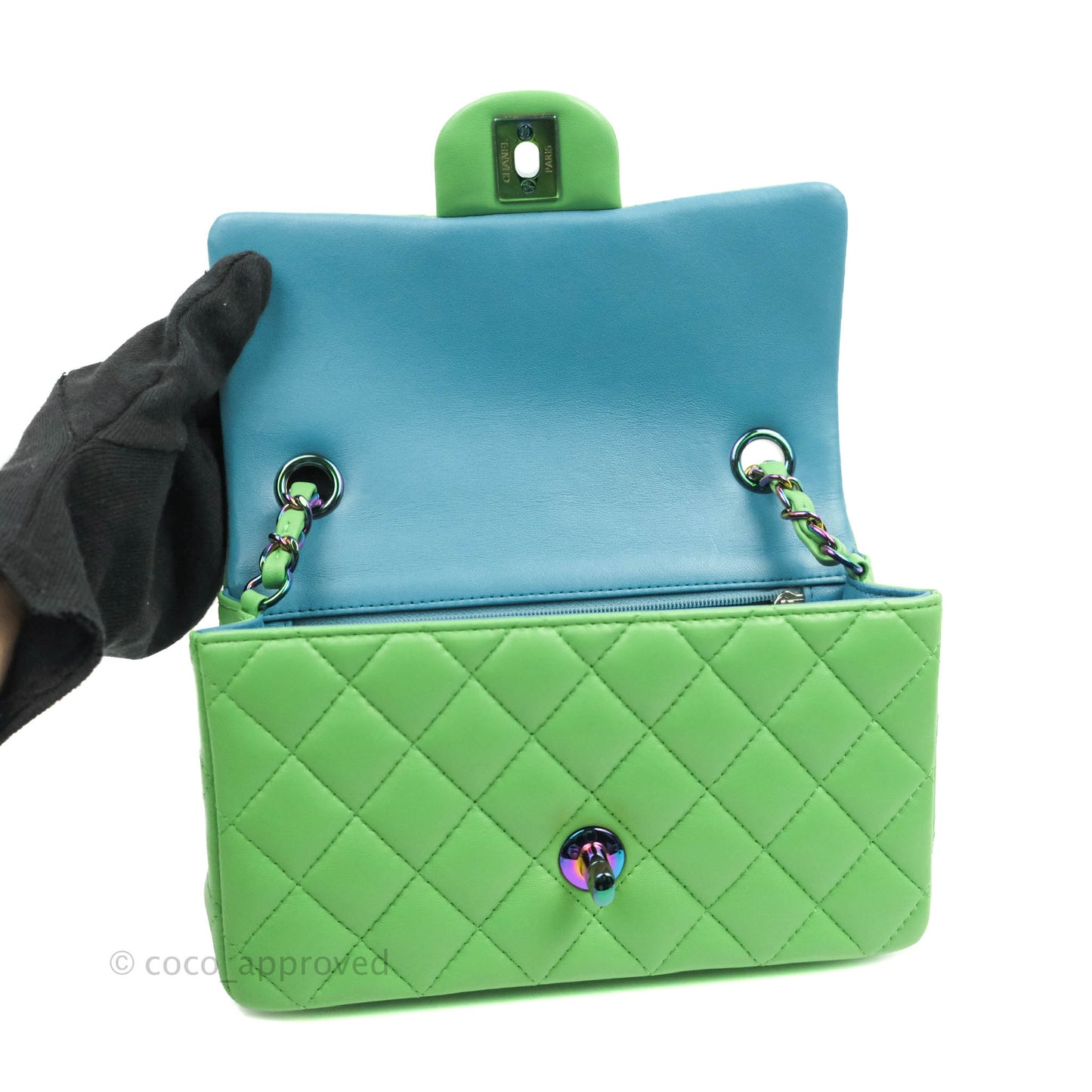 Chanel Mini Rectangular Green Lambskin Rainbow Hardware
