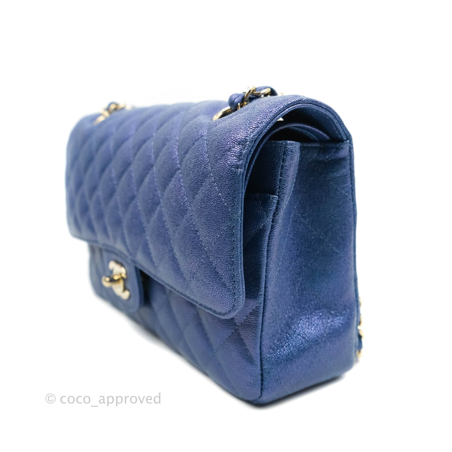 Chanel Quilted M/L Medium Double Flap Iridescent Blue Caviar Gold Hardware 19S