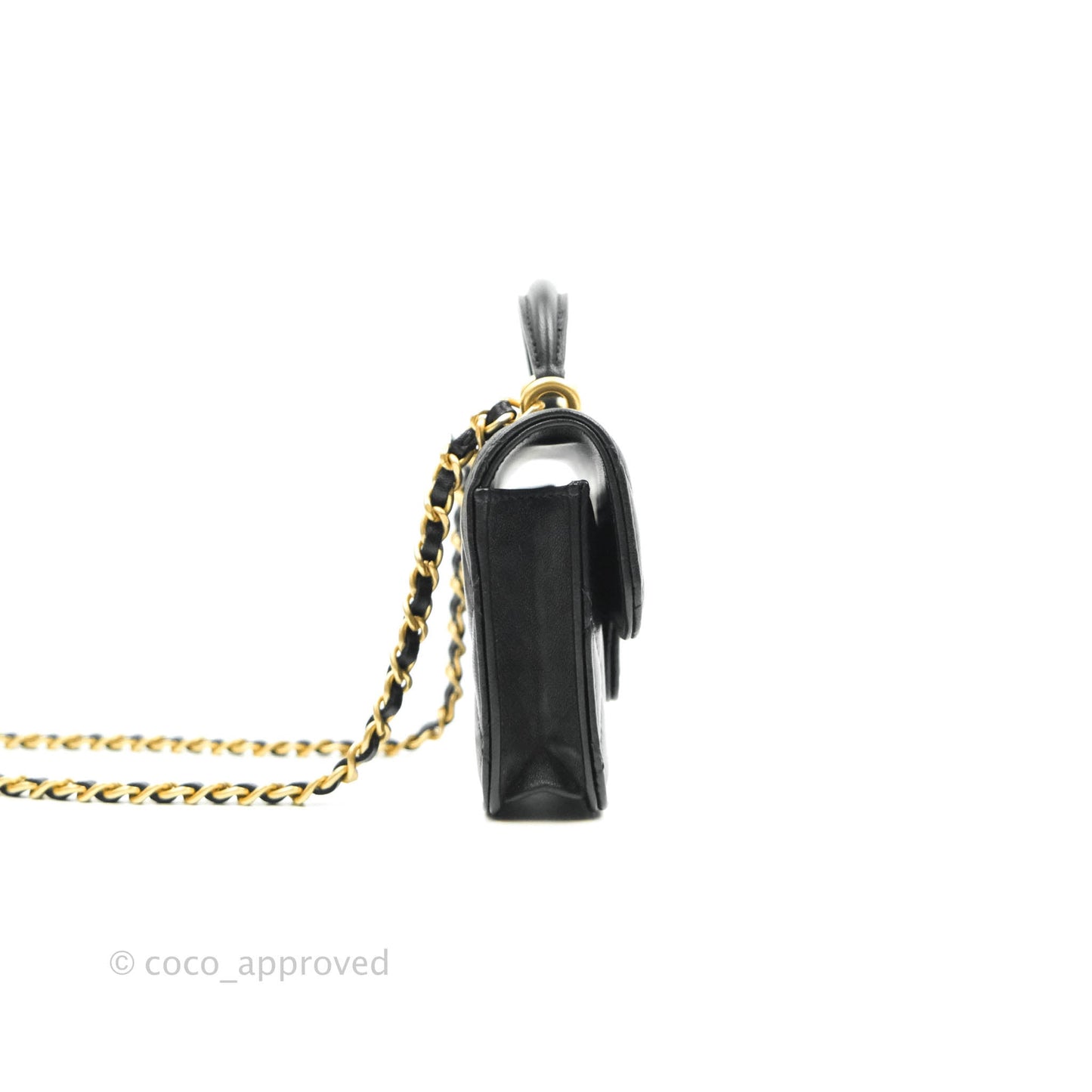 Chanel Mini Handle Flap Coin Purse With Chain Black Lambskin Gold Hardware