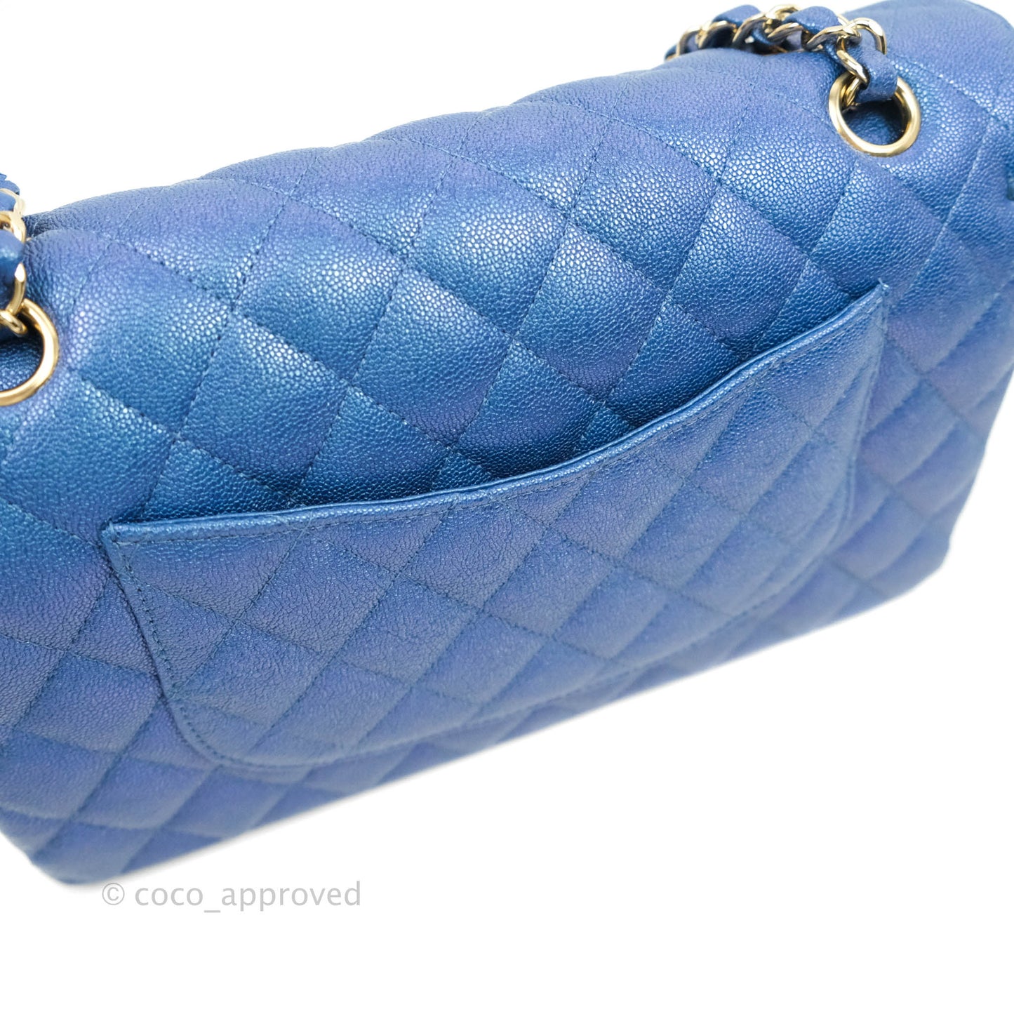 Chanel Quilted M/L Medium Double Flap Iridescent Blue Caviar Gold Hardware 19S