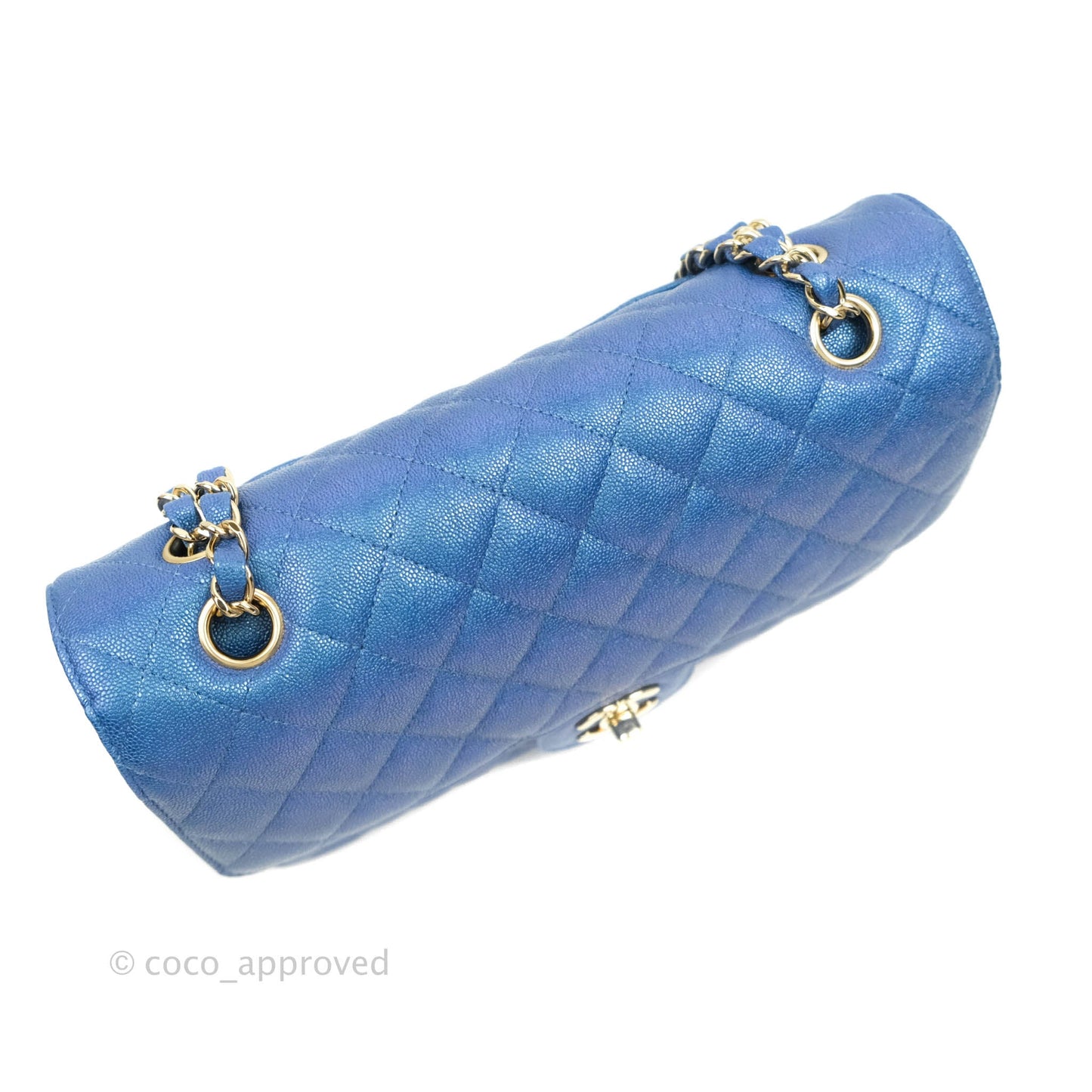 Chanel Quilted M/L Medium Double Flap Iridescent Blue Caviar Gold Hardware 19S