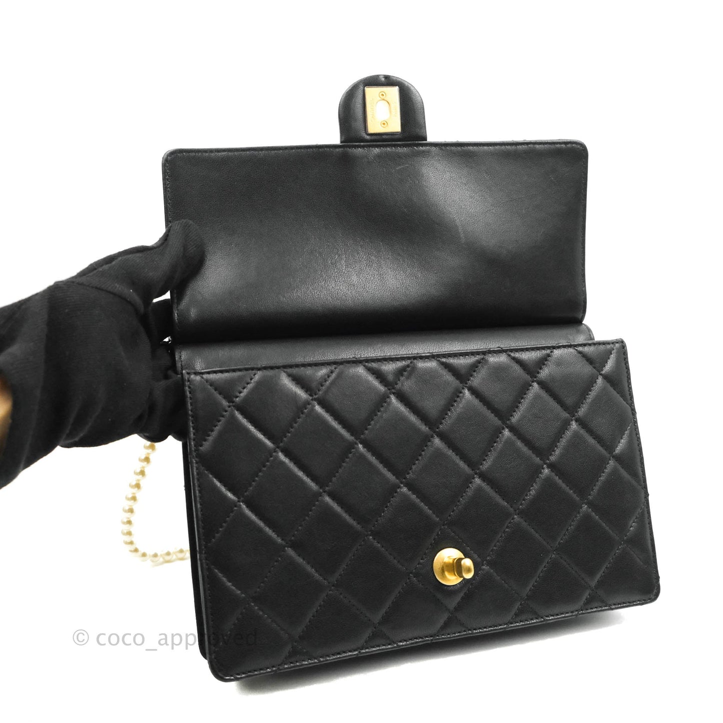 Chanel Large Quilted Pearl Chain Flap Bag Black Lambskin Aged Gold Hardware 19S