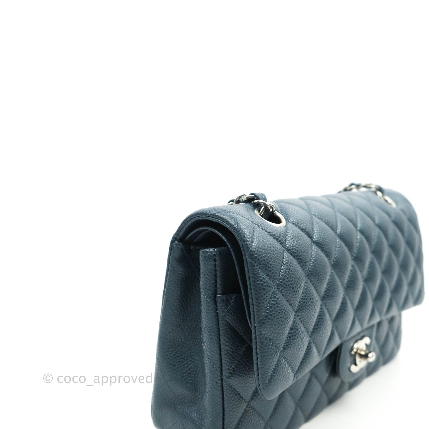 Chanel Classic M/L Medium Double Flap Pearly Blue Caviar Silver Hardware