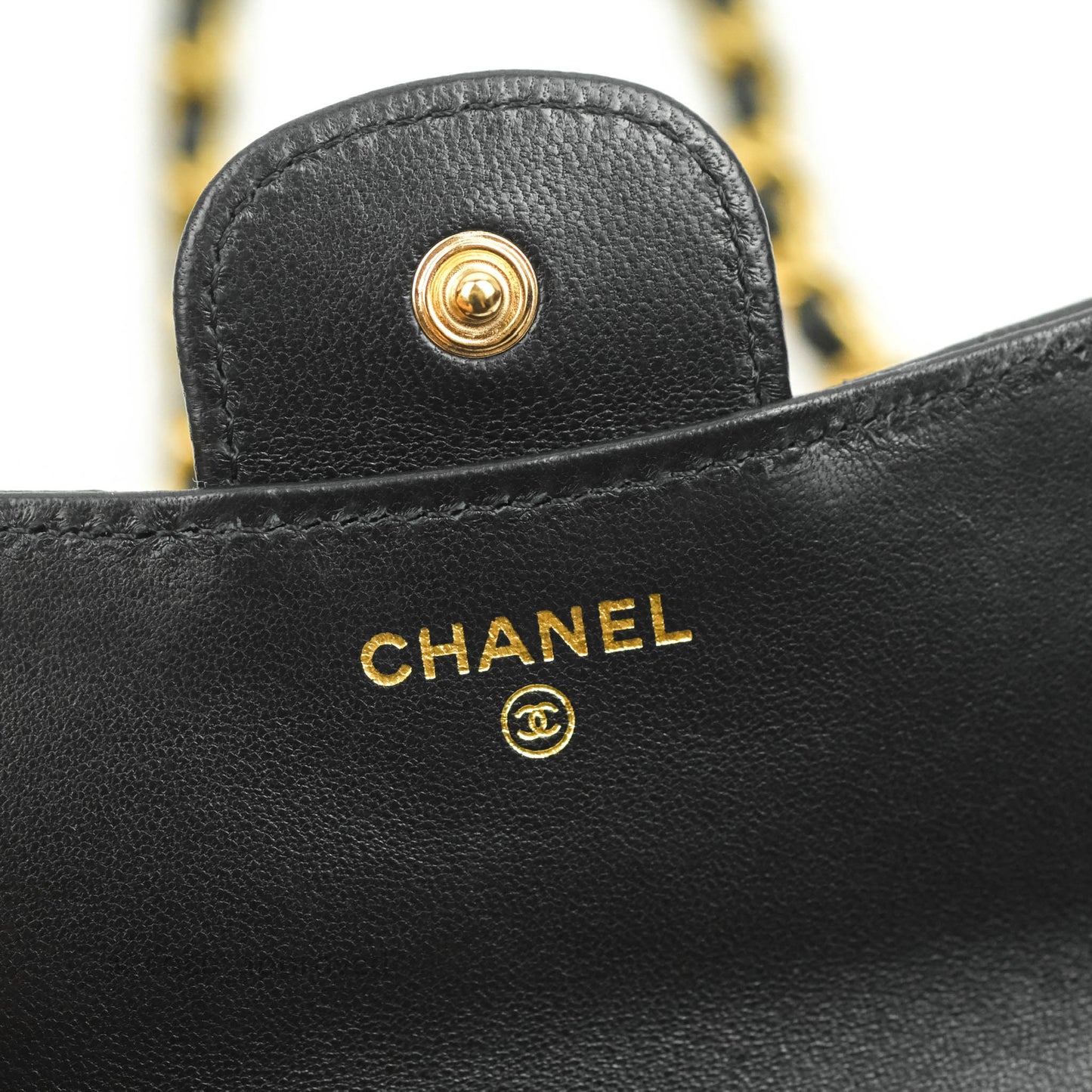 Chanel Mini Handle Flap Coin Purse With Chain Black Lambskin Gold Hardware