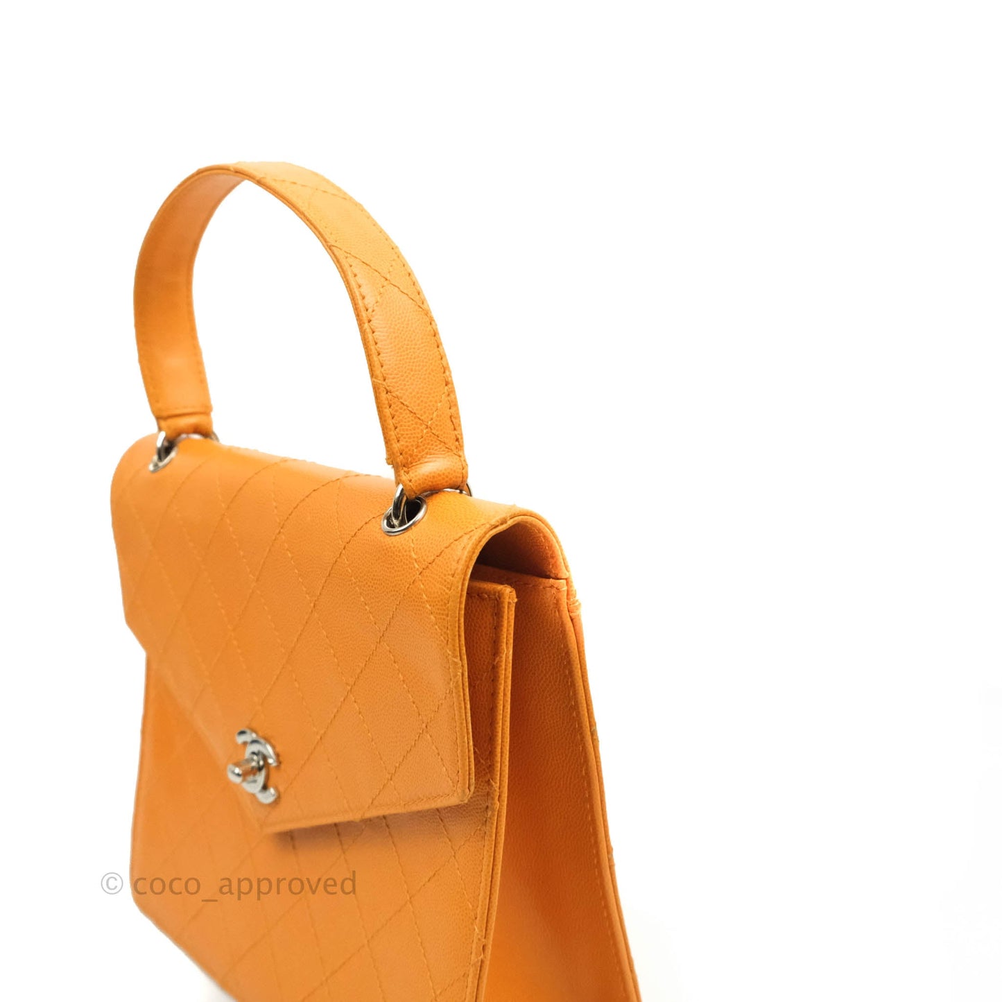 Chanel Vintage Quilted Top Handle Flap Bag Saffron Yellow Caviar Silver Hardware