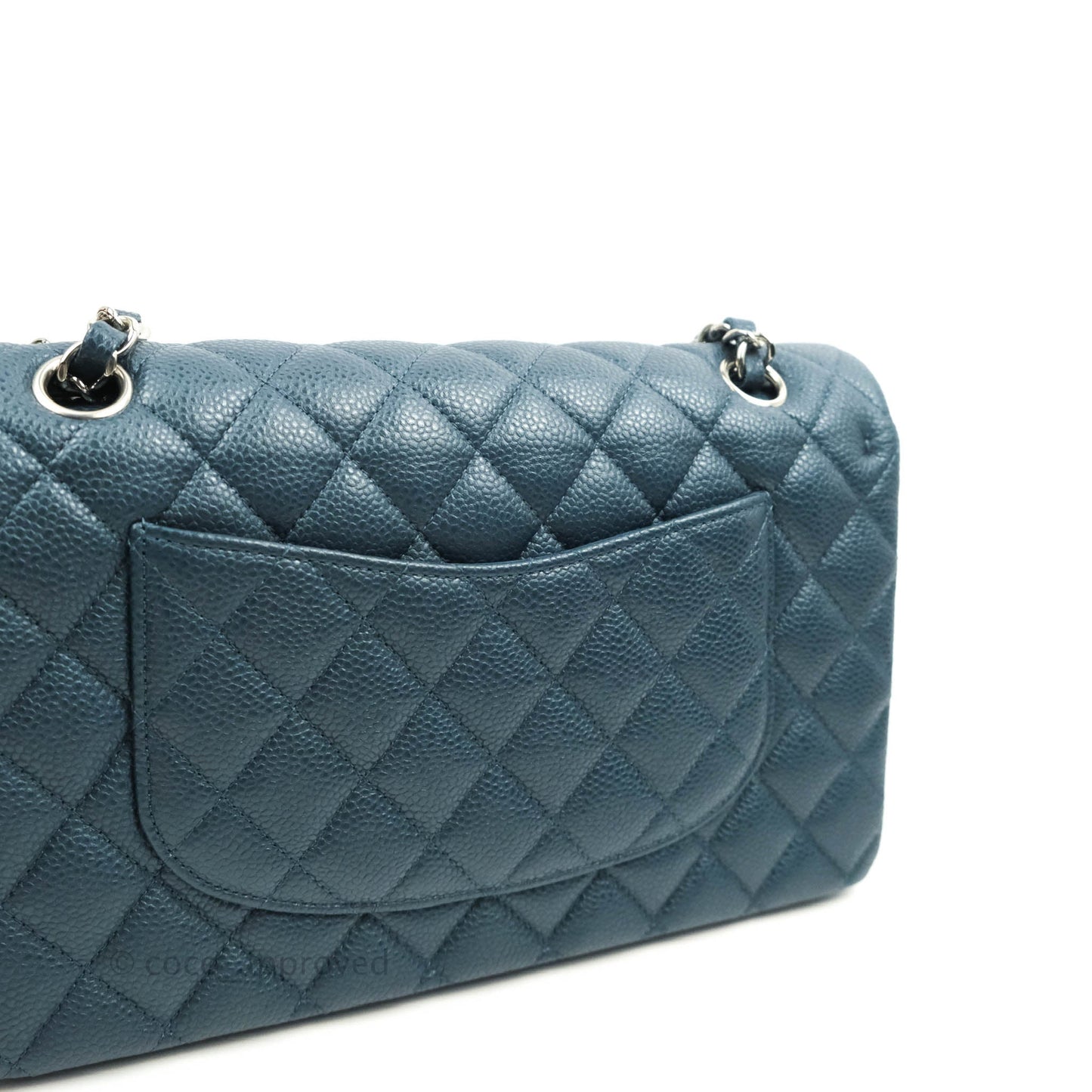 Chanel Classic M/L Medium Double Flap Pearly Blue Caviar Silver Hardware