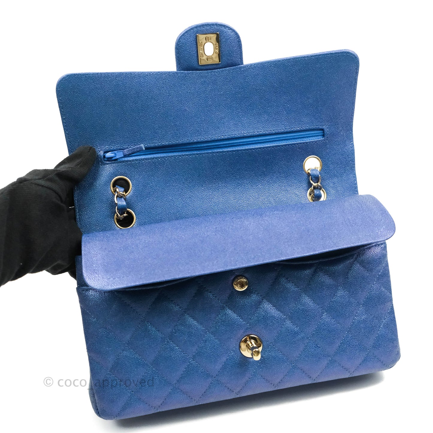 Chanel Quilted M/L Medium Double Flap Iridescent Blue Caviar Gold Hardware 19S