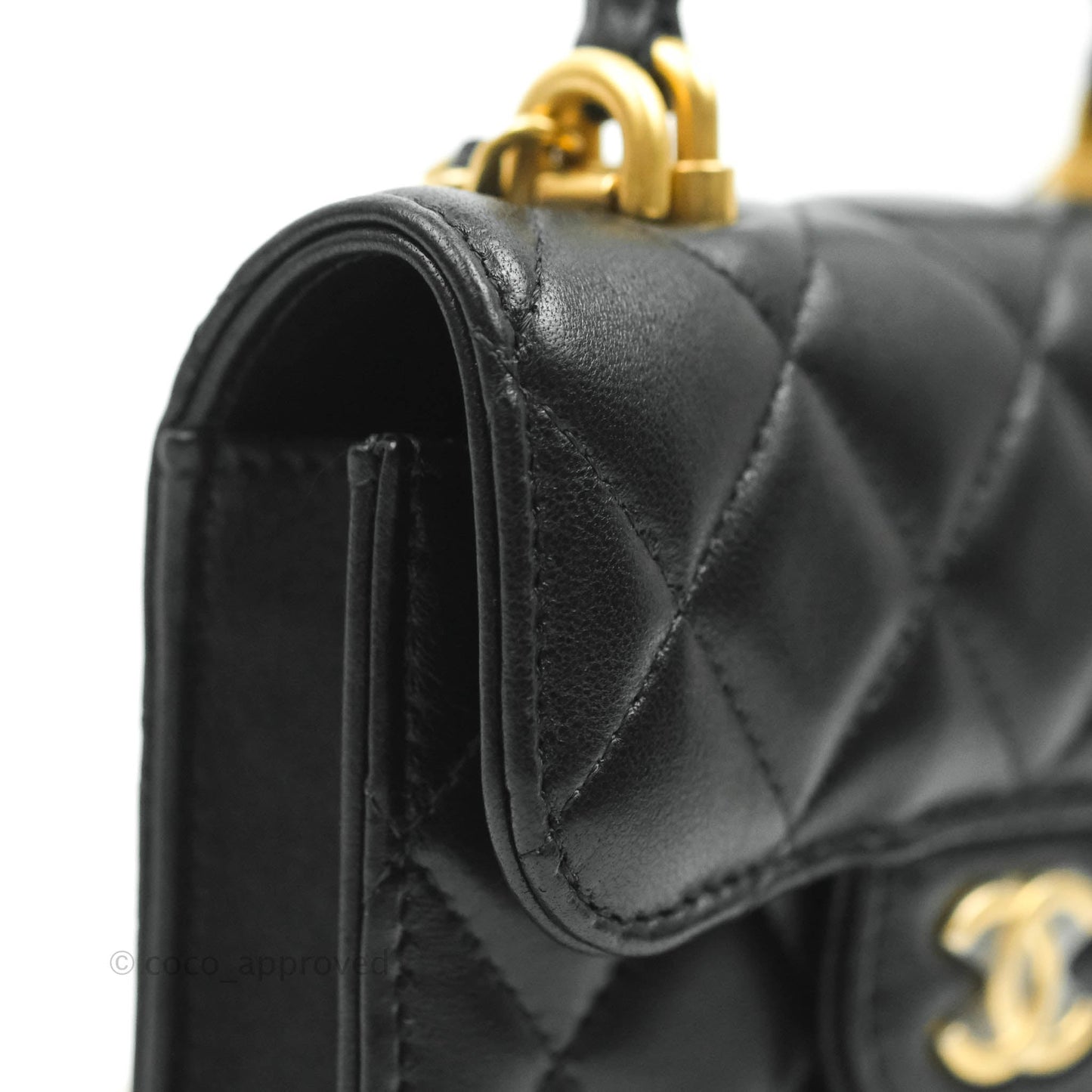 Chanel Mini Handle Flap Coin Purse With Chain Black Lambskin Gold Hardware