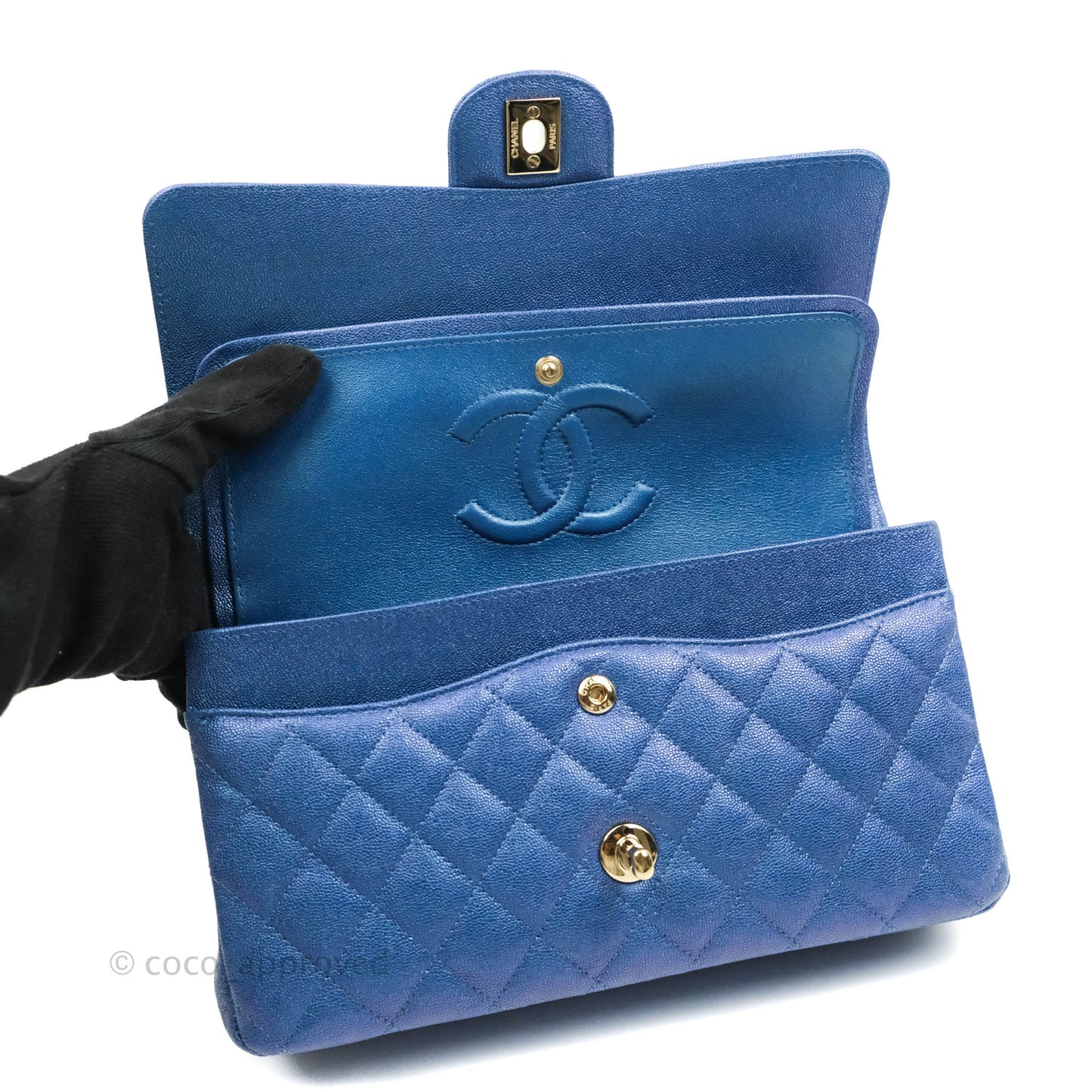 Chanel Quilted M/L Medium Double Flap Iridescent Blue Caviar Gold Hardware 19S