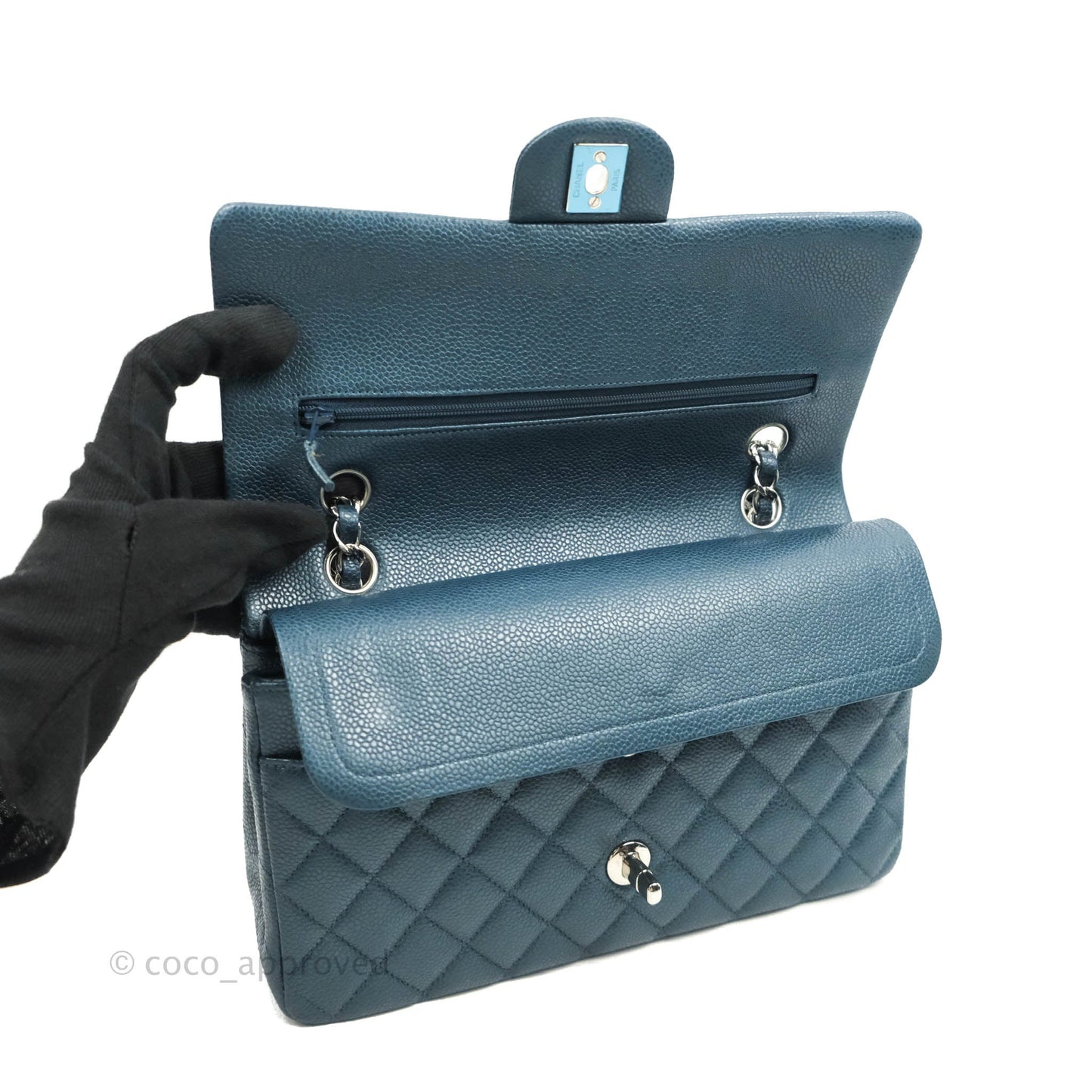 Chanel Classic M/L Medium Double Flap Pearly Blue Caviar Silver Hardware