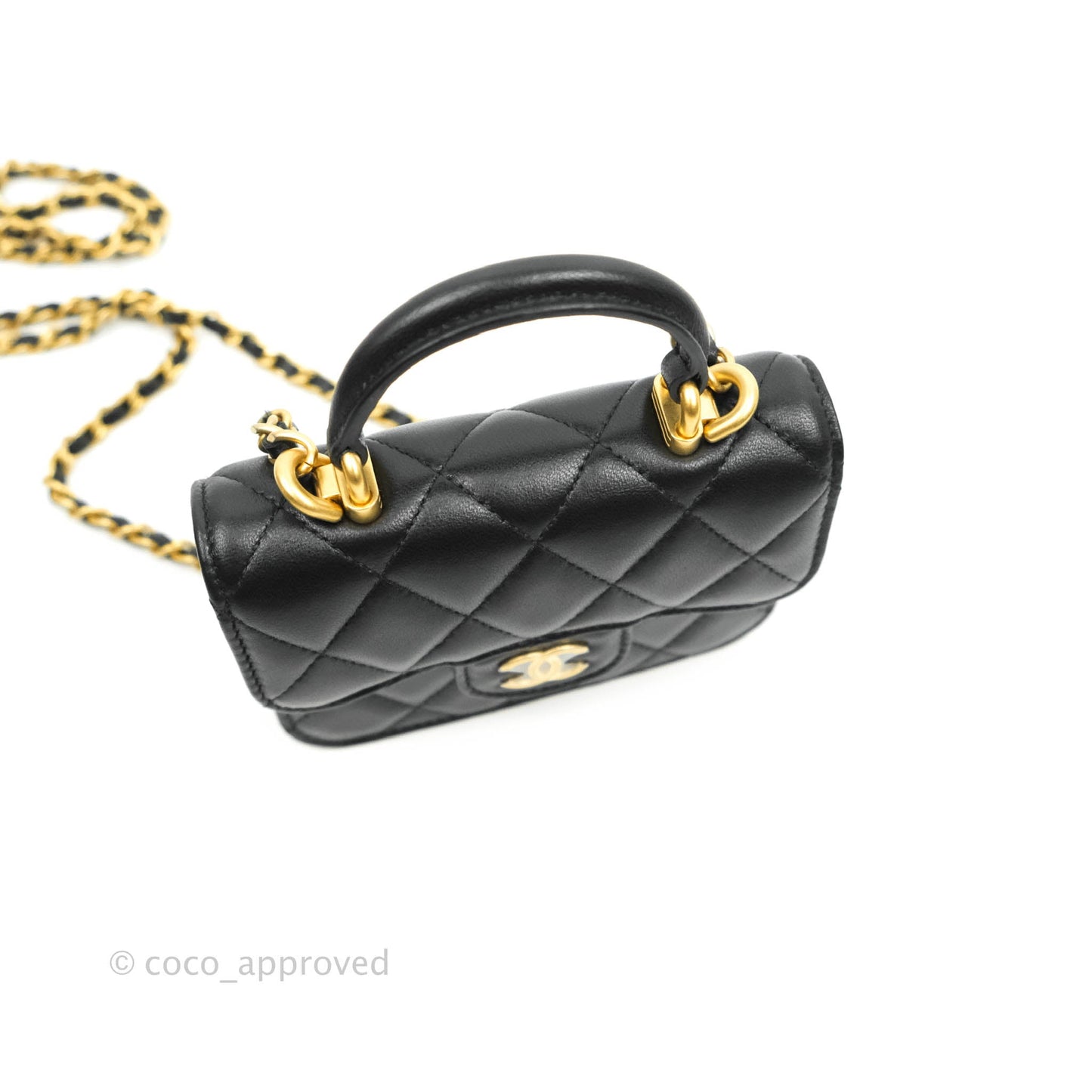 Chanel Mini Handle Flap Coin Purse With Chain Black Lambskin Gold Hardware
