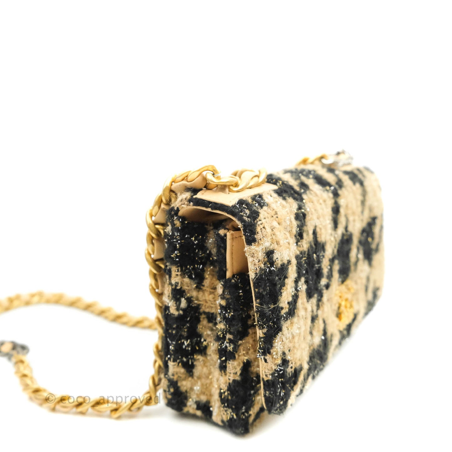 Chanel 19 Wallet On Chain WOC Houndstooth Beige Black Tweed Gold Hardware
