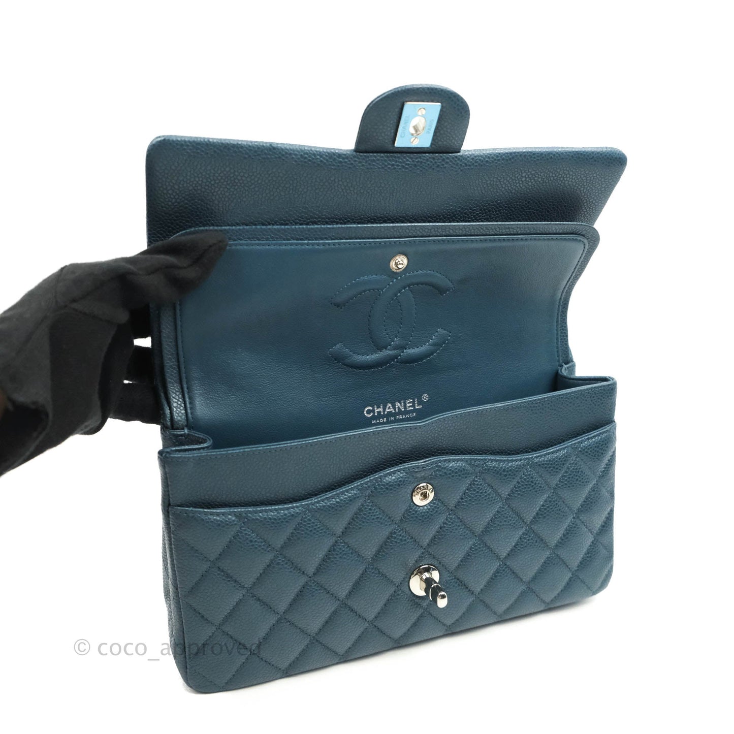 Chanel Classic M/L Medium Double Flap Pearly Blue Caviar Silver Hardware