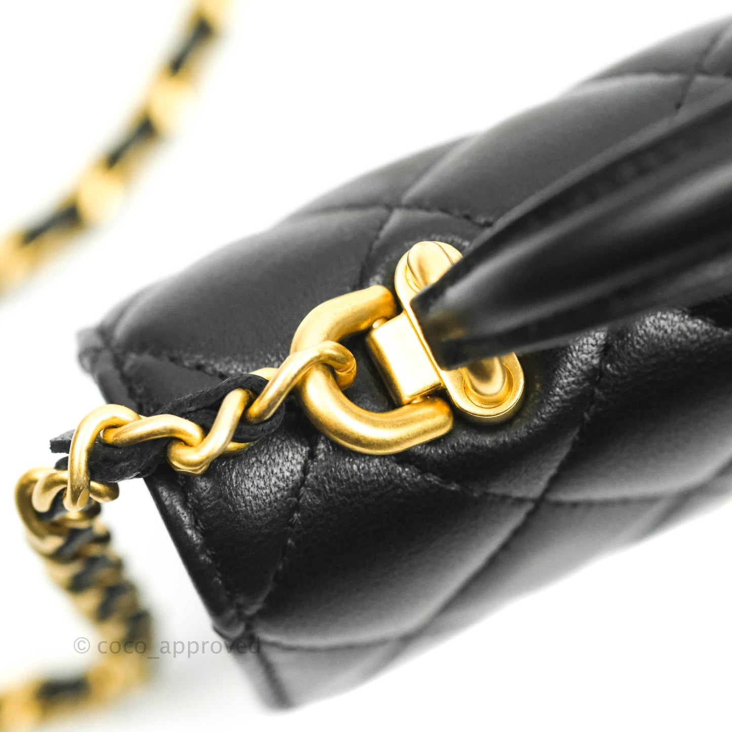 Chanel Mini Handle Flap Coin Purse With Chain Black Lambskin Gold Hardware
