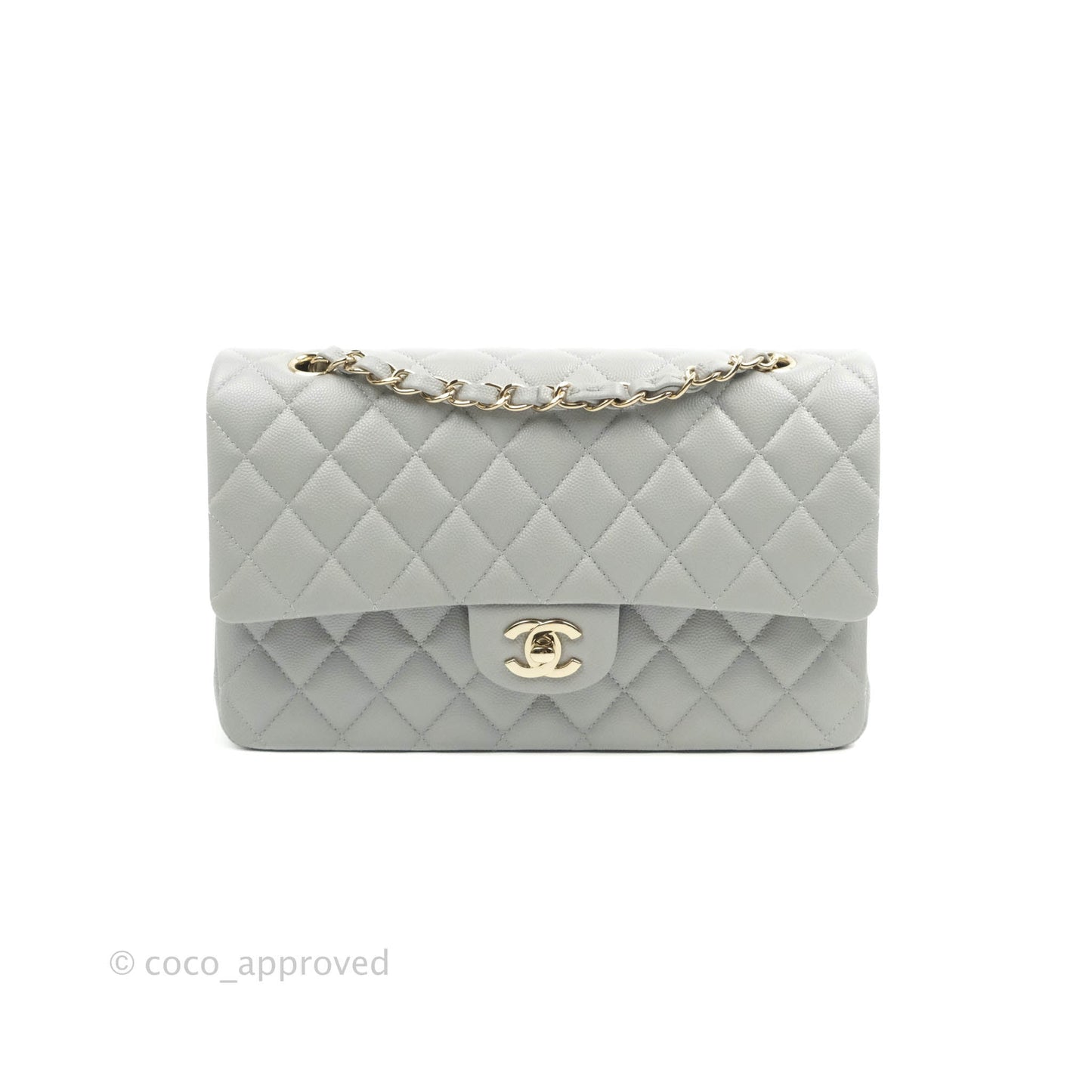 Chanel Classic M/L Medium Double Flap Grey Caviar Gold Hardware 21A