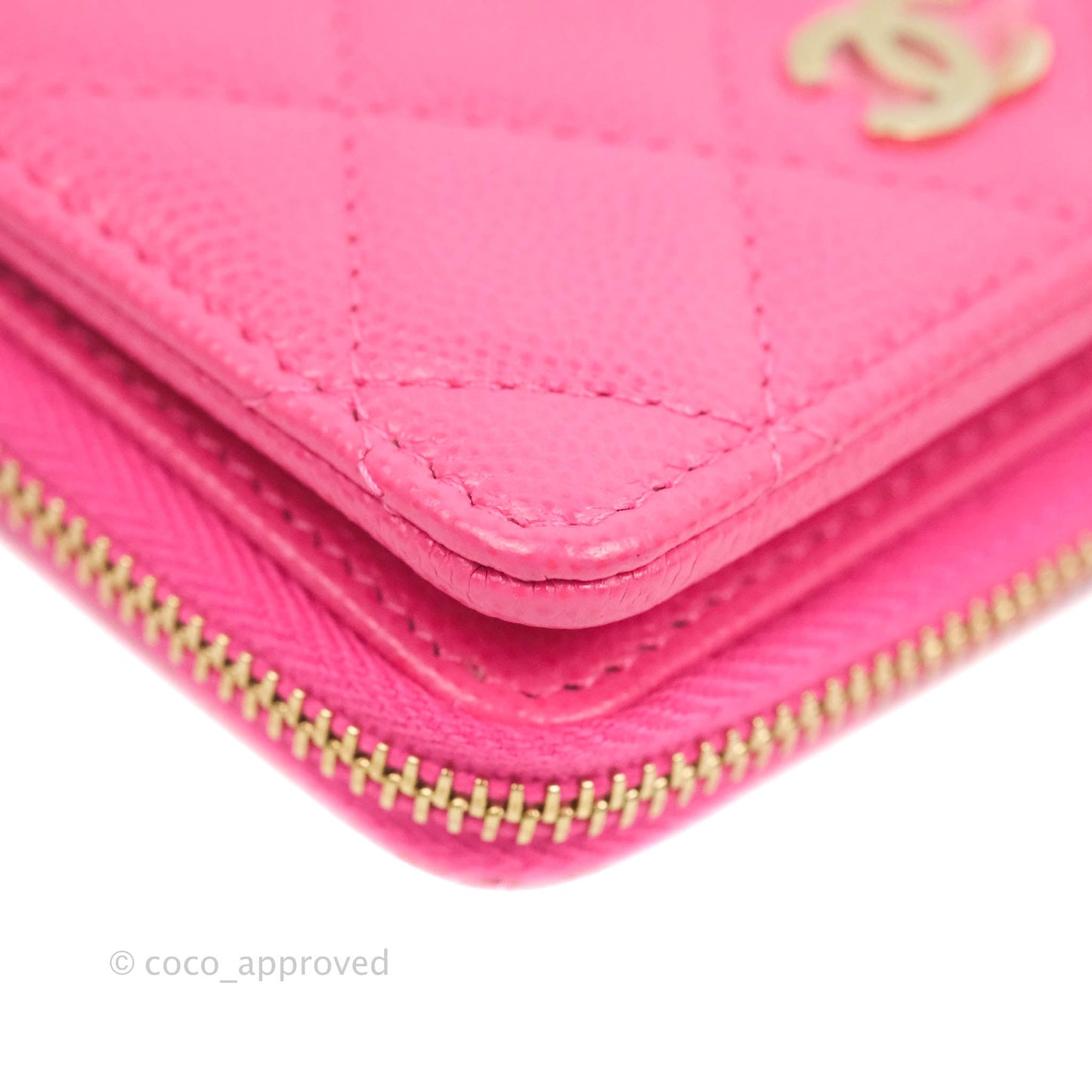 Chanel Classic Quilted Card Holder With Zip Coin Purse Pink Caviar Gold Hardware