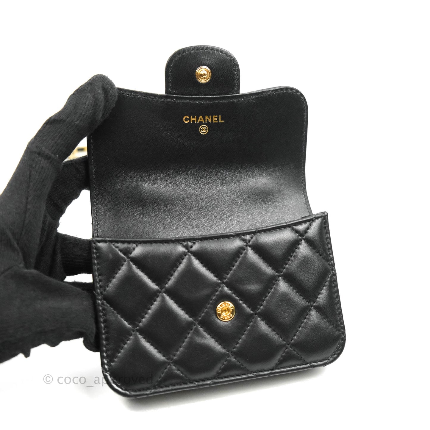 Chanel Mini Handle Flap Coin Purse With Chain Black Lambskin Gold Hardware