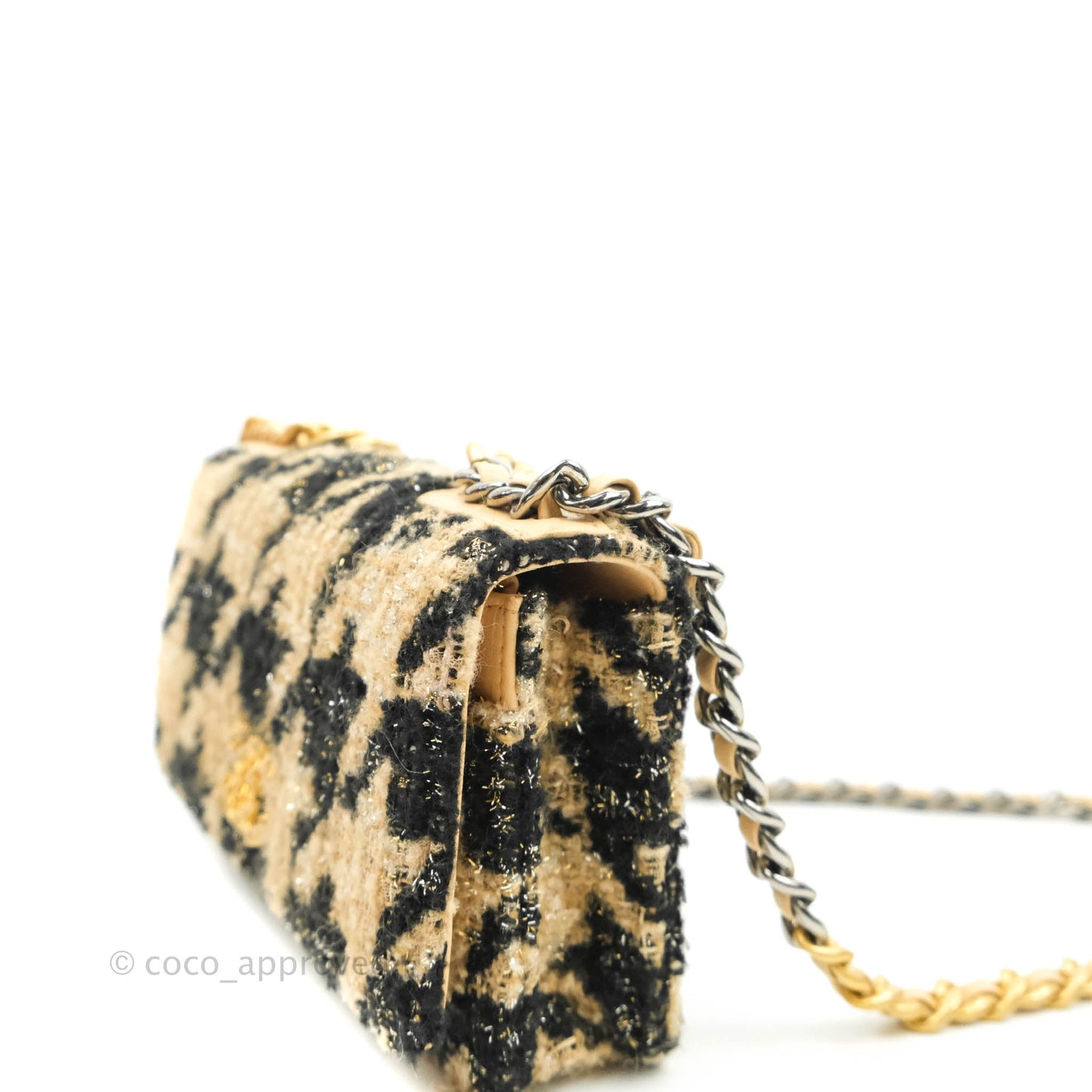 Chanel 19 Wallet On Chain WOC Houndstooth Beige Black Tweed Gold Hardware