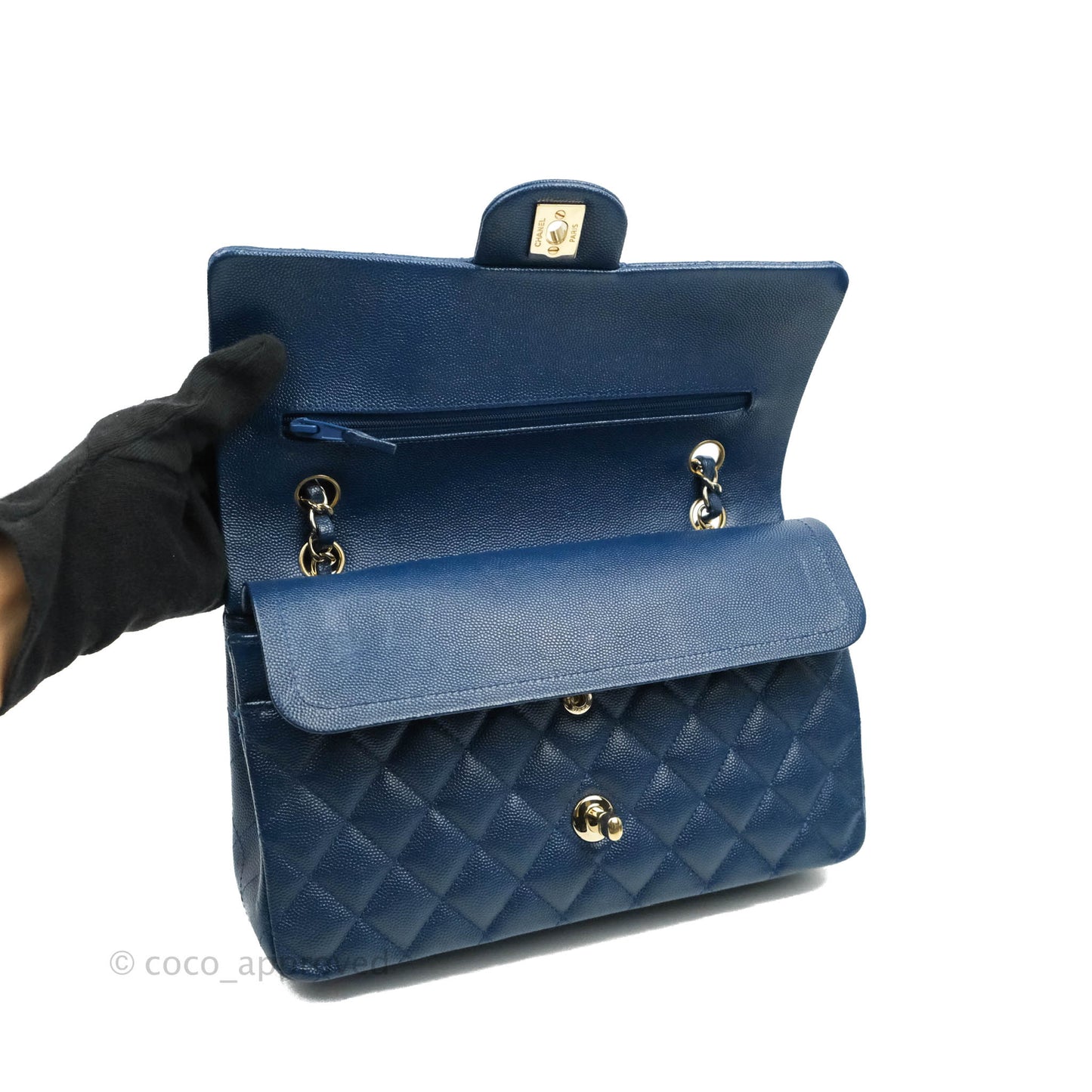 Chanel Quilted M/L Medium Double Flap Blue Caviar Gold Hardware 19C