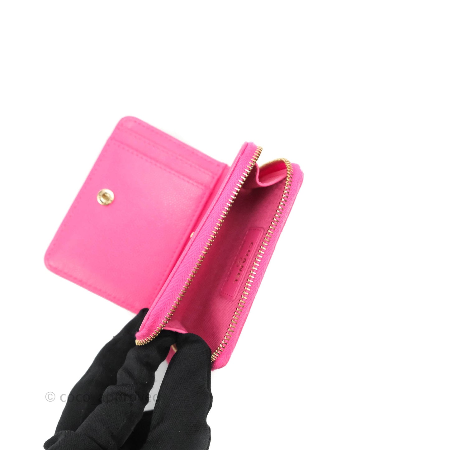 Chanel Classic Quilted Card Holder With Zip Coin Purse Pink Caviar Gold Hardware