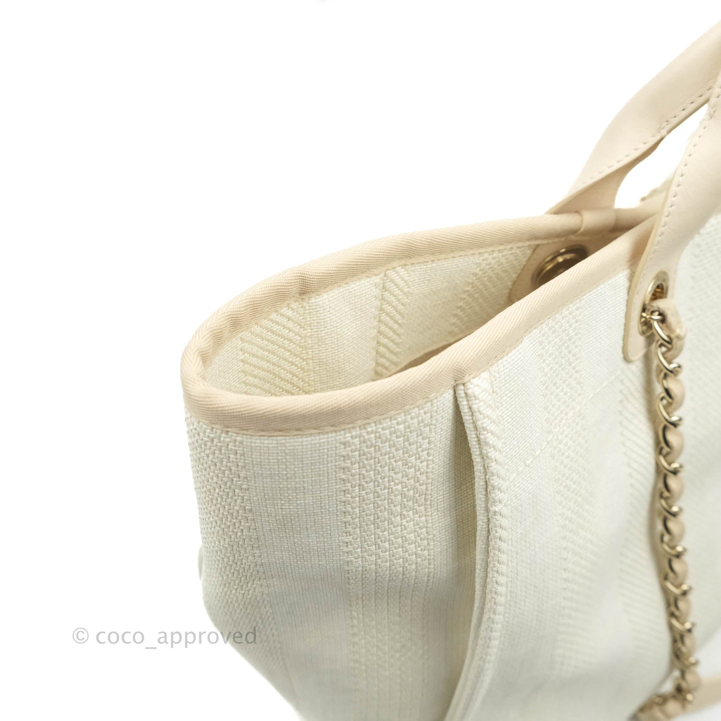 Chanel Large Deauville Light Beige Stripe Canvas Gold Hardware