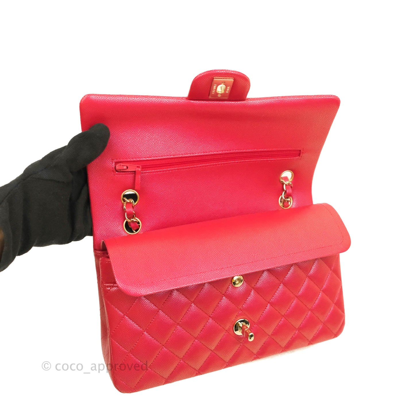 Chanel Classic M/L Medium Double Flap Iridescent Red Caviar Gold Hardware 21S