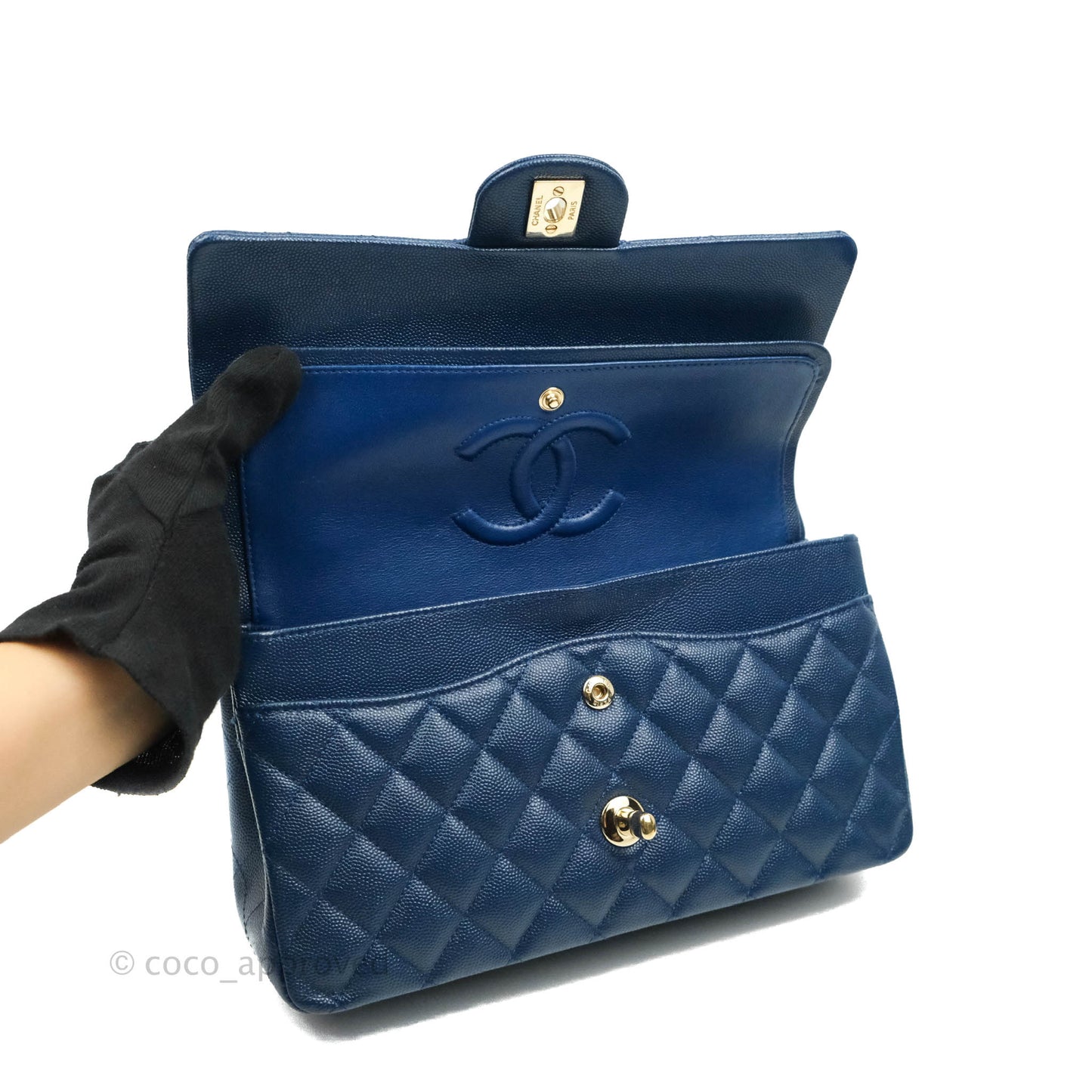 Chanel Quilted M/L Medium Double Flap Blue Caviar Gold Hardware 19C