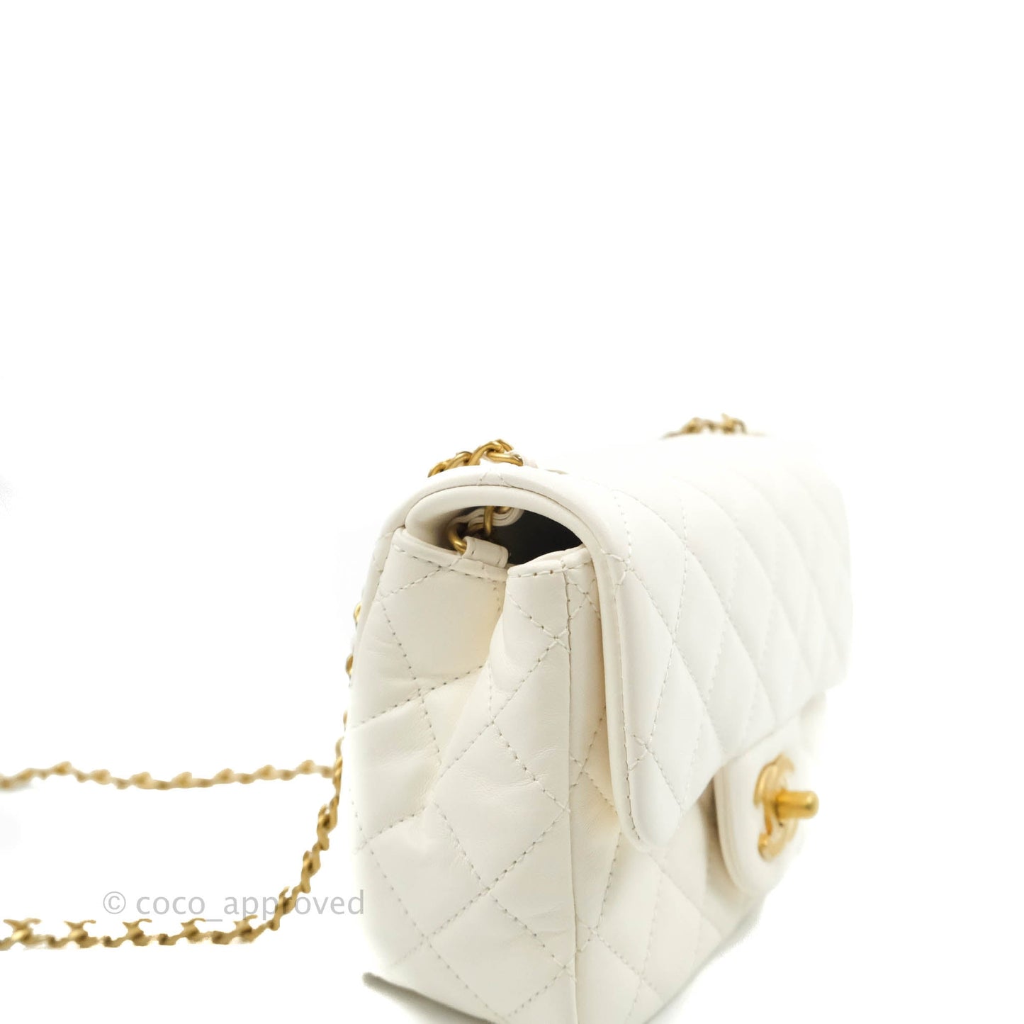 Chanel Mini Square Pearl Crush Quilted White Lambskin Gold Hardware