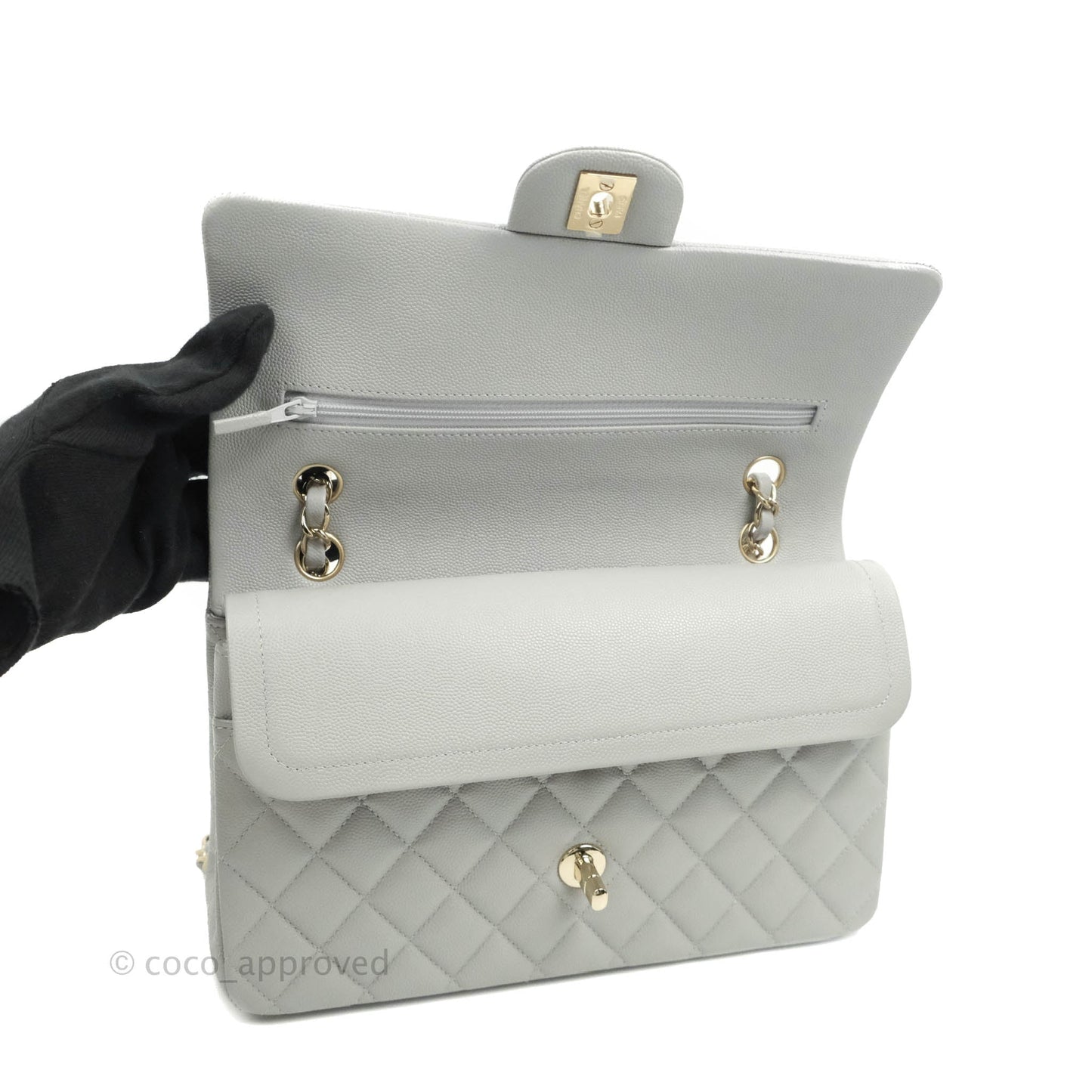 Chanel Classic M/L Medium Double Flap Grey Caviar Gold Hardware 21A