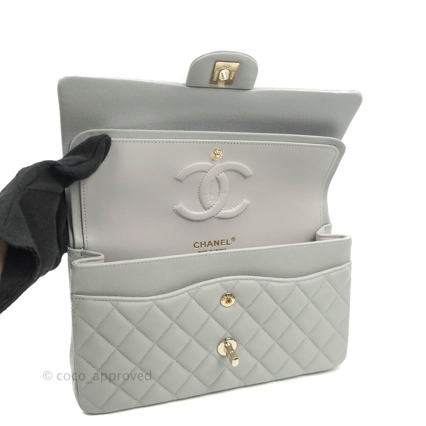 Chanel Classic M/L Medium Double Flap Grey Caviar Gold Hardware 21A