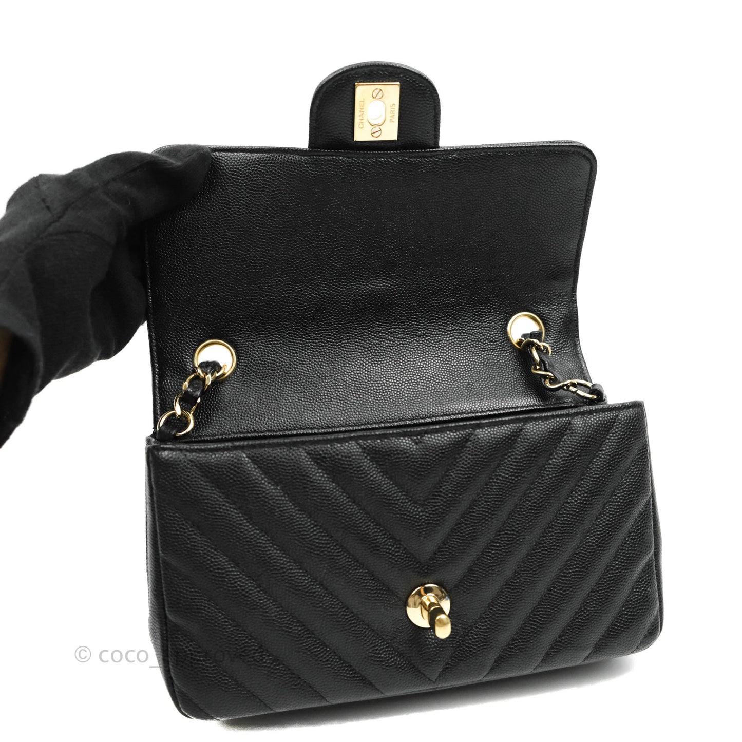 Chanel Chevron Mini Rectangular Flap Black Caviar Gold Hardware 18B