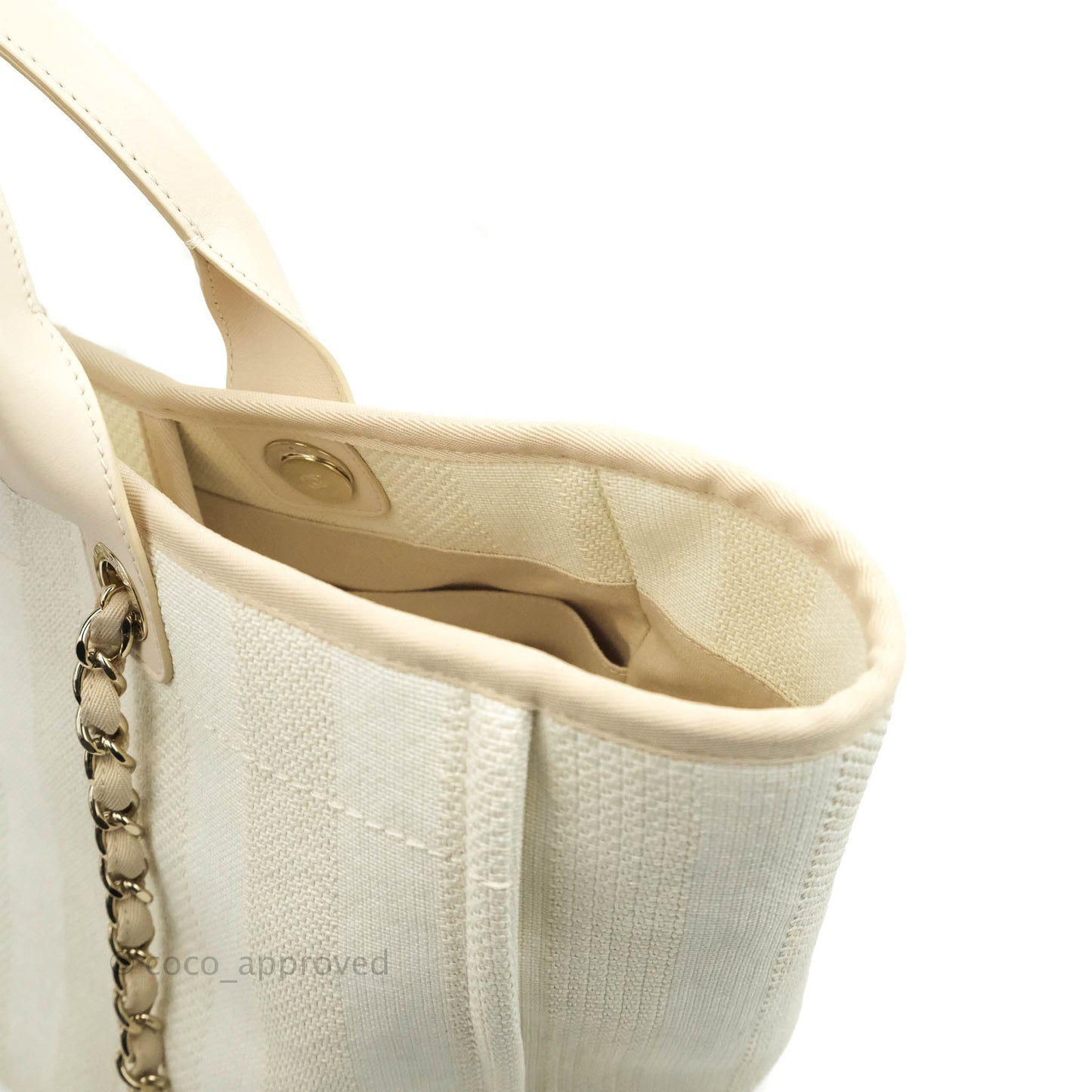 Chanel Large Deauville Light Beige Stripe Canvas Gold Hardware