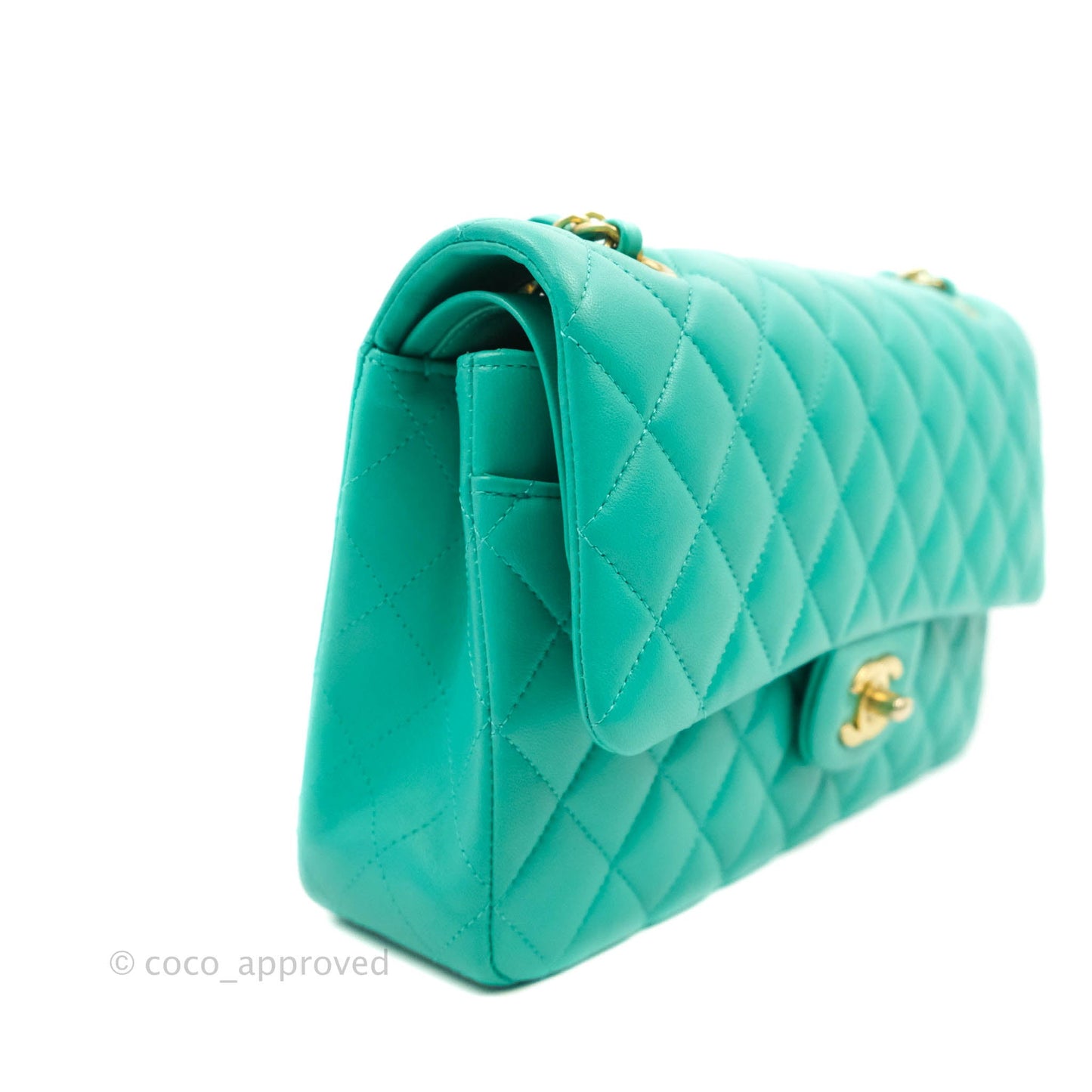 Chanel Quilted M/L Medium Double Flap Green Lambskin Aged Gold Hardware 19S