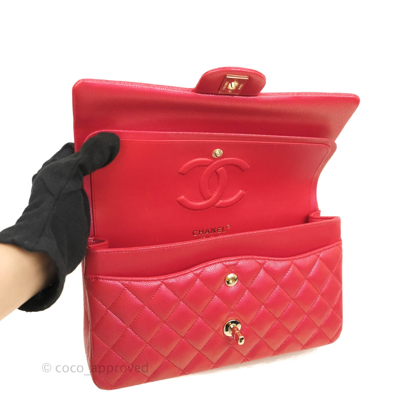 Chanel Classic M/L Medium Double Flap Iridescent Red Caviar Gold Hardware 21S