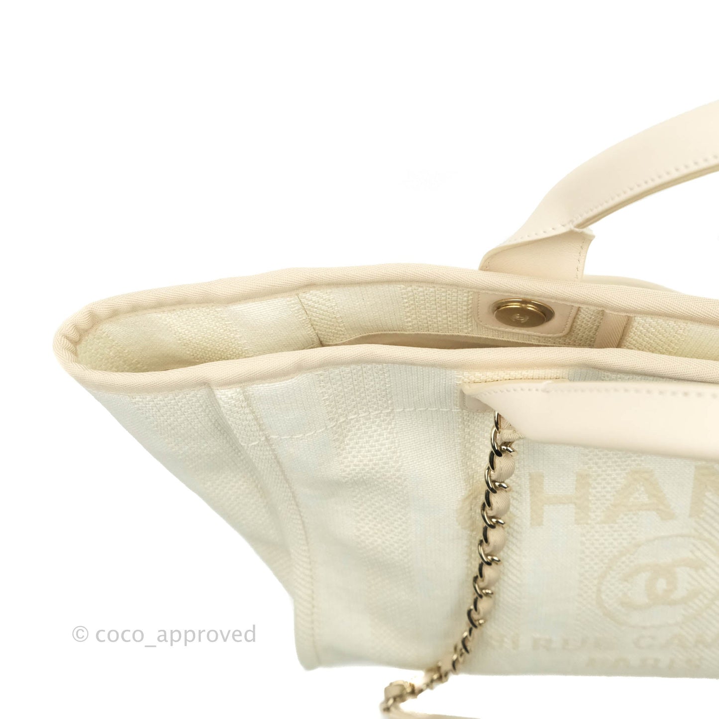 Chanel Large Deauville Light Beige Stripe Canvas Gold Hardware