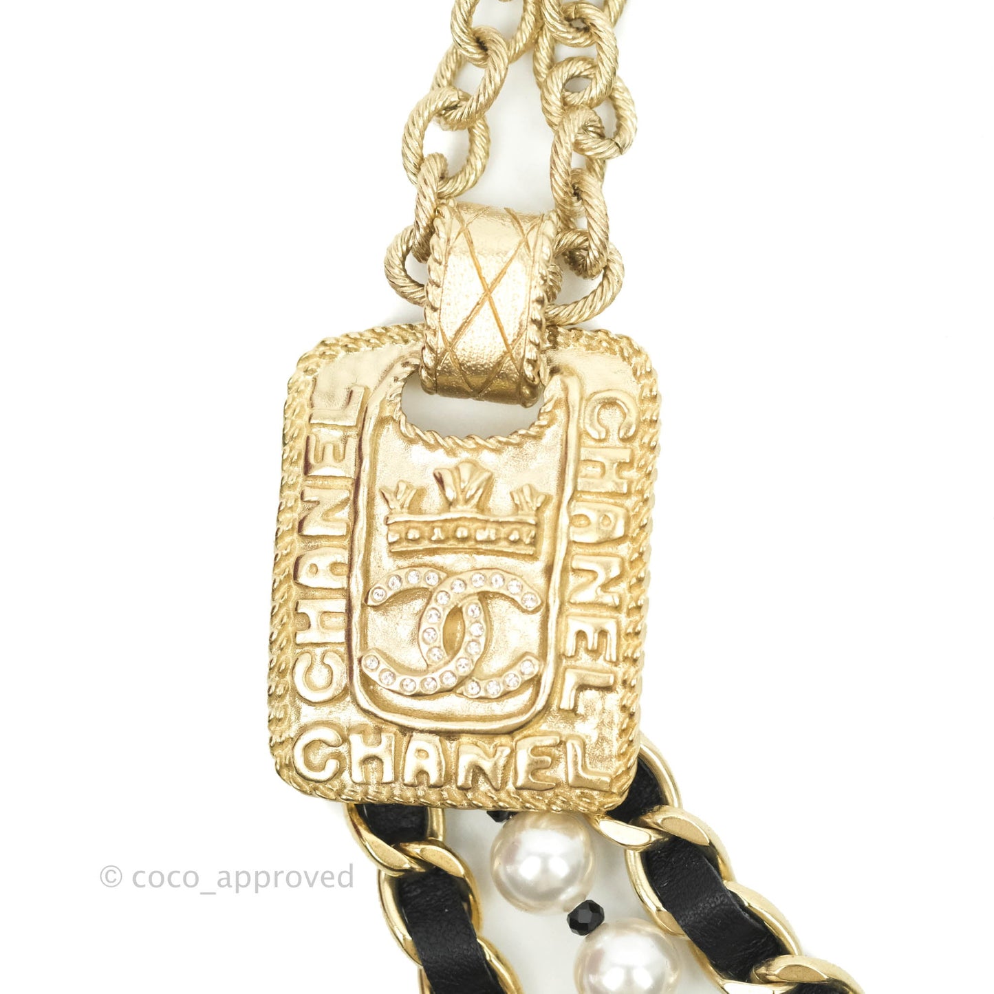 Chanel Crystal CC Pearl Chain Necklace Gold Tone 21A