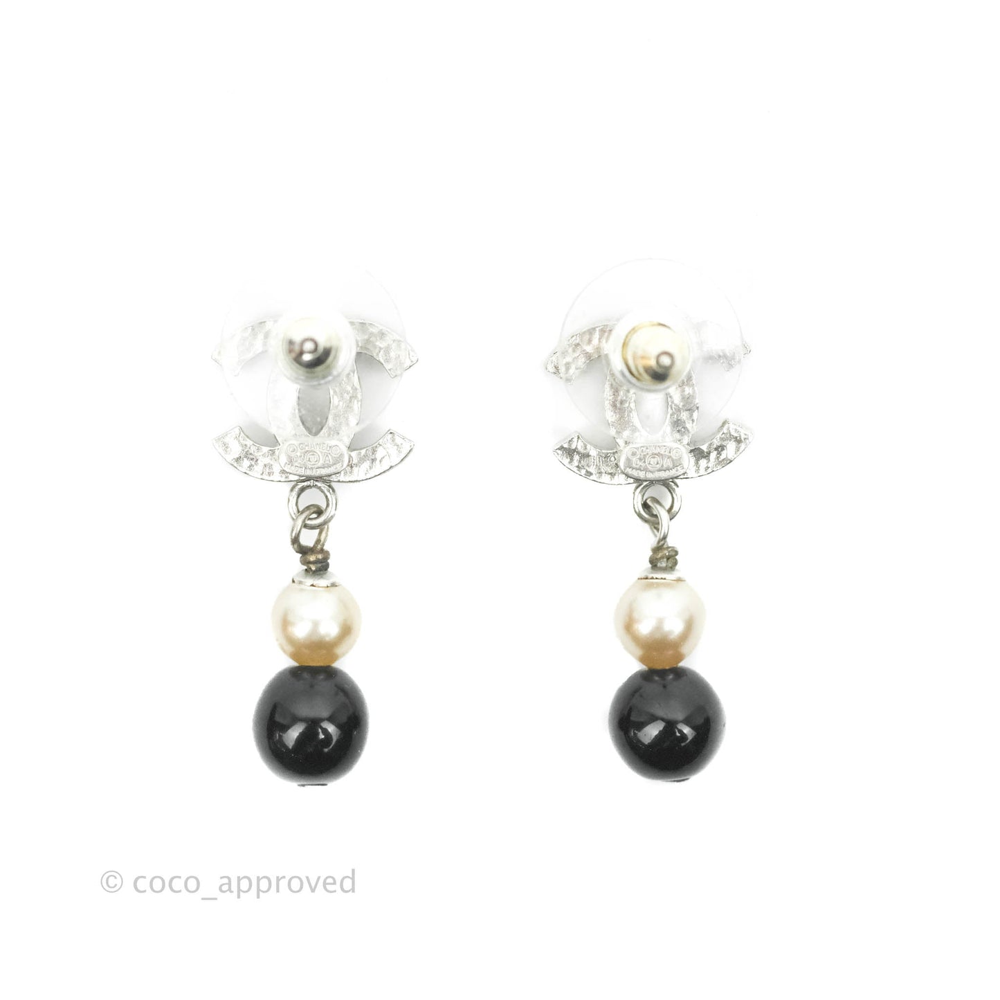 Chanel Crystal CC Drop Pearl Earrings Silver Tone