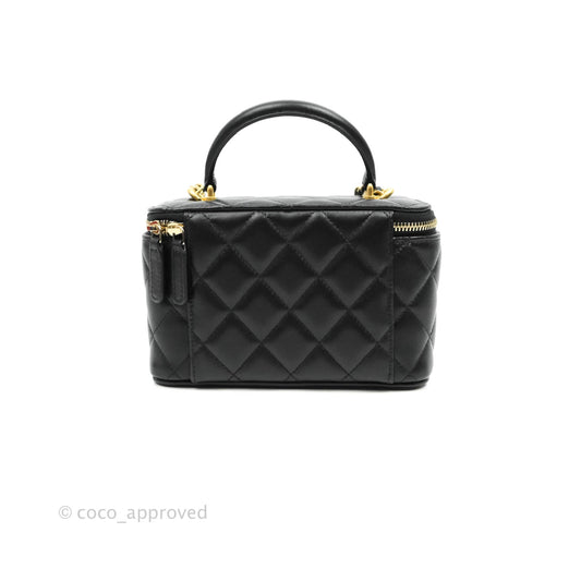Chanel Classic Vanity Rectangular Top Handle With Chain Black Lambskin Aged Gold Hardware