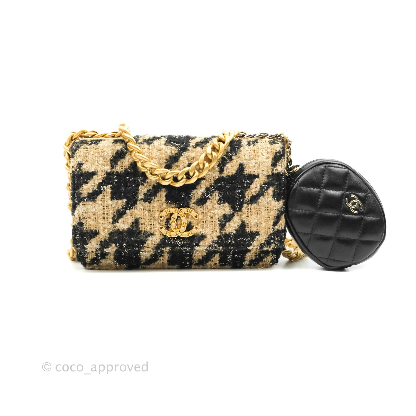 Chanel 19 Wallet On Chain WOC Houndstooth Beige Black Tweed Gold Hardware