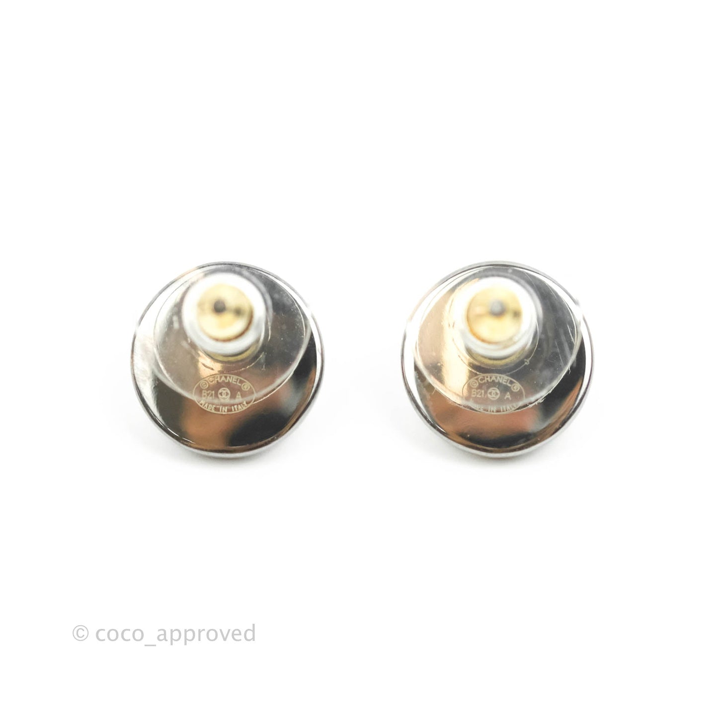 Chanel CC Pearl Crystal Round Earrings Gun Metal 21A