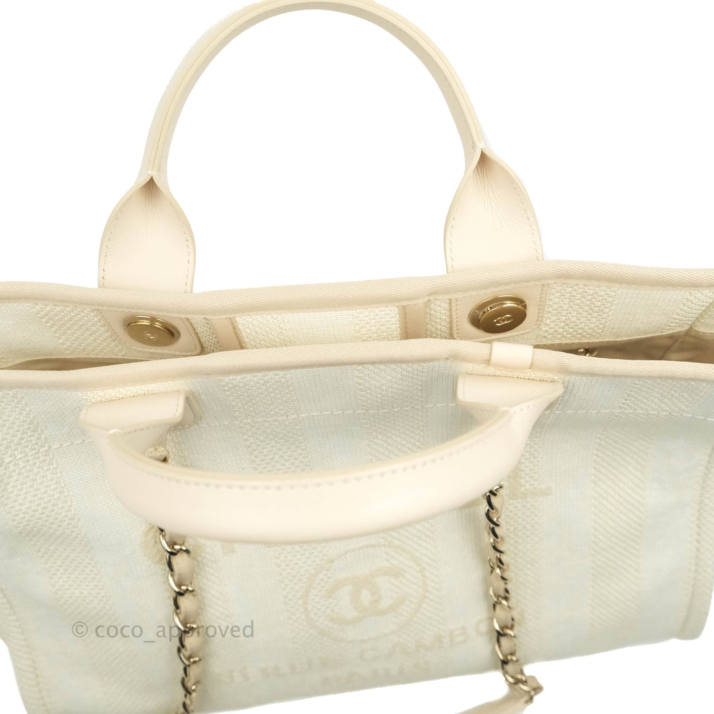 Chanel Large Deauville Light Beige Stripe Canvas Gold Hardware