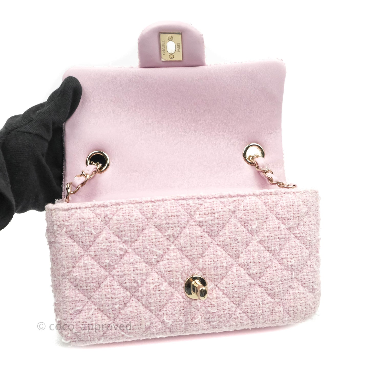 Chanel Quilted Mini Rectangular Flap Pink Tweed Gold Hardware