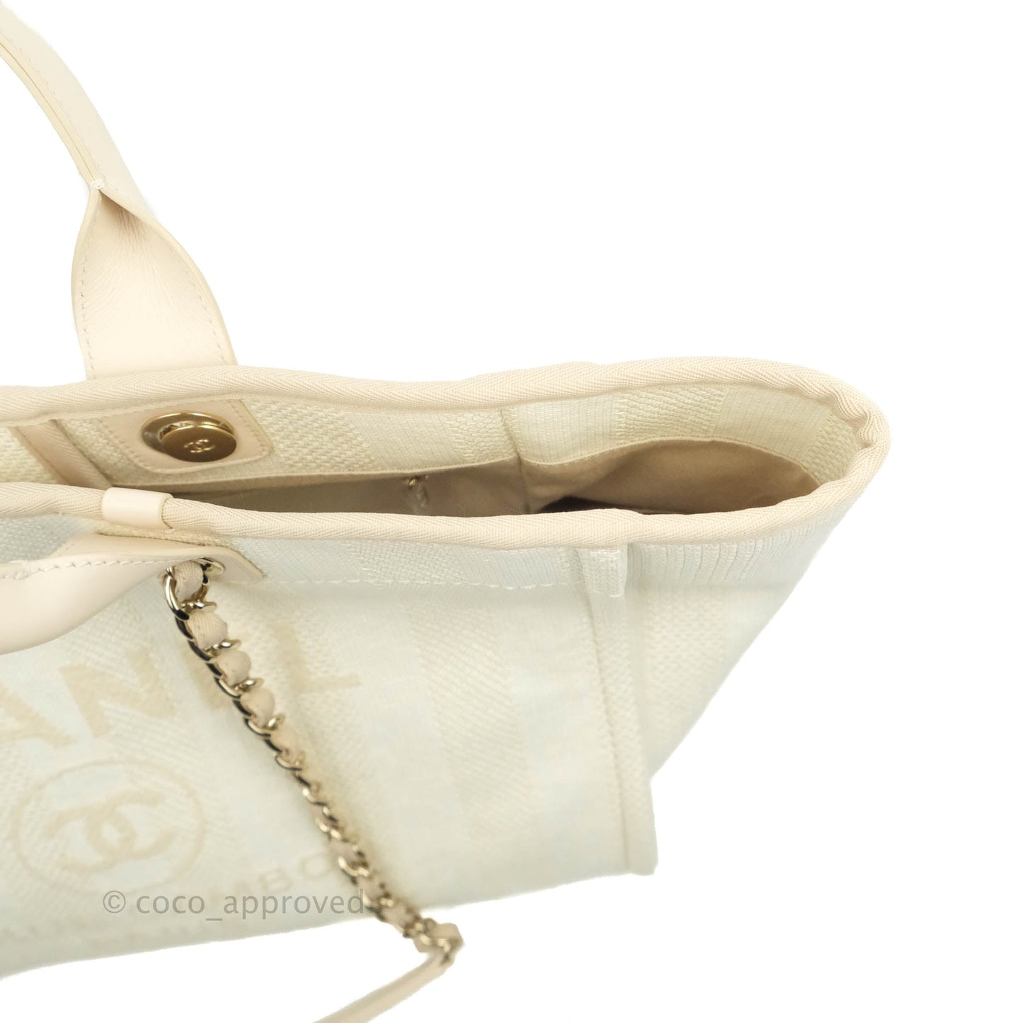 Chanel Large Deauville Light Beige Stripe Canvas Gold Hardware