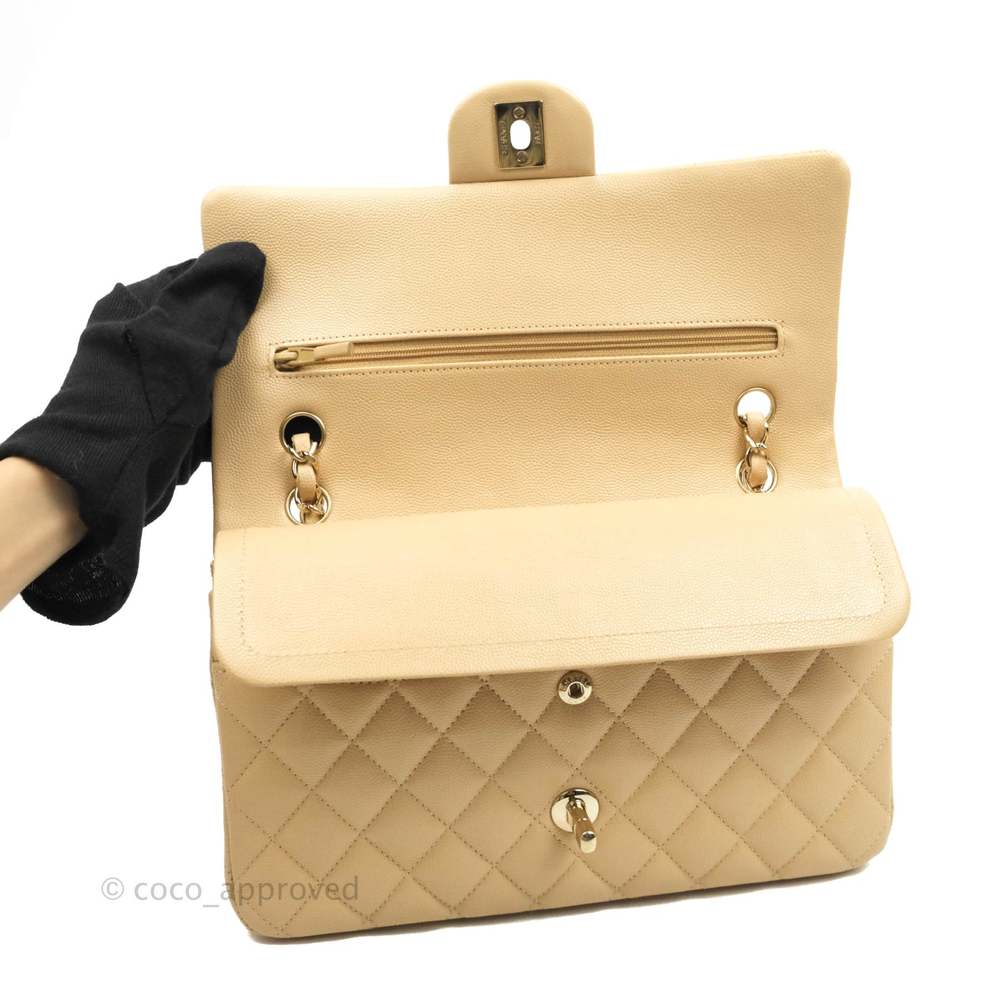 Chanel Quilted M/L Medium Double Flap Beige Caviar Gold Hardware 19C