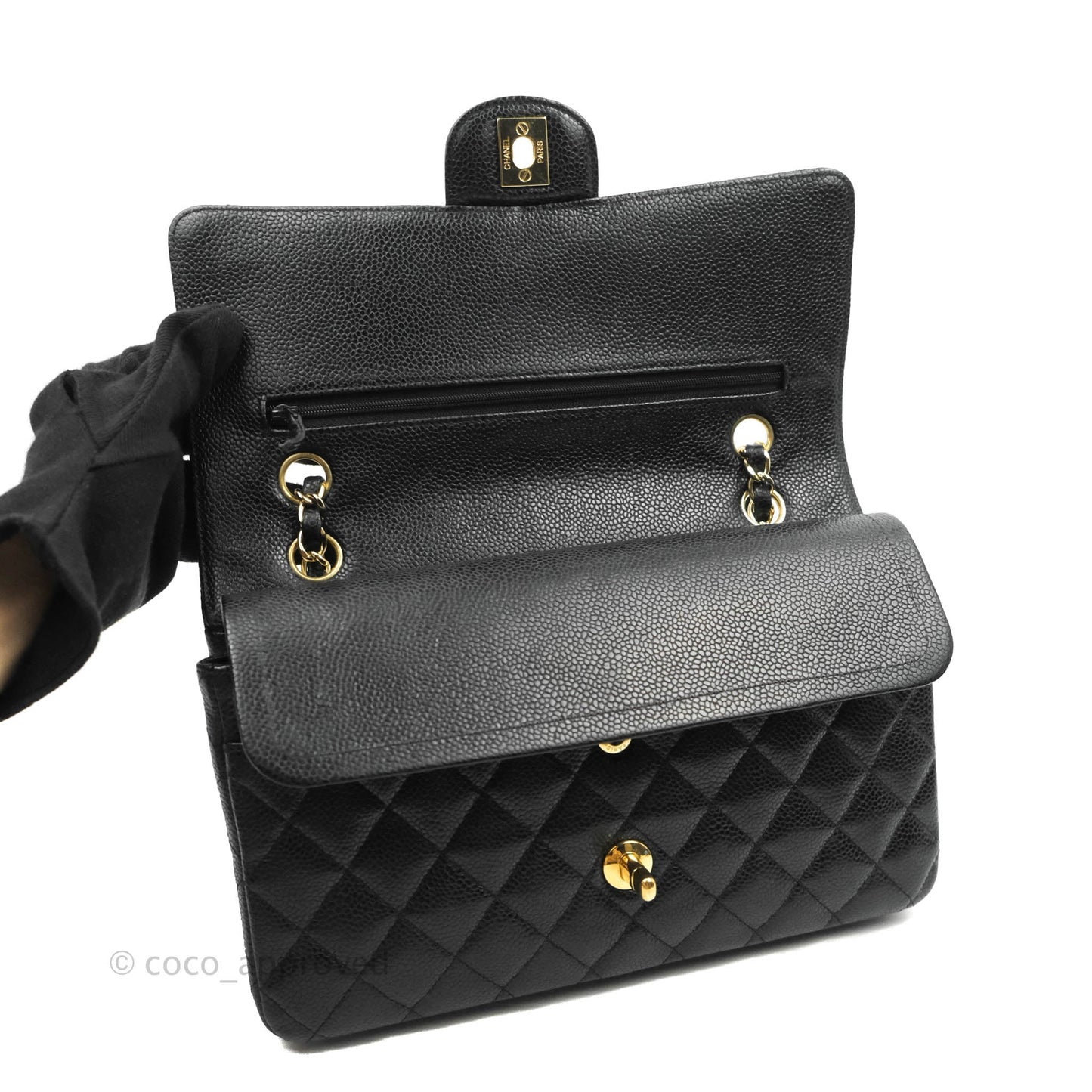 Chanel Classic M/L Medium Double Flap Black Caviar 24K Gold Hardware