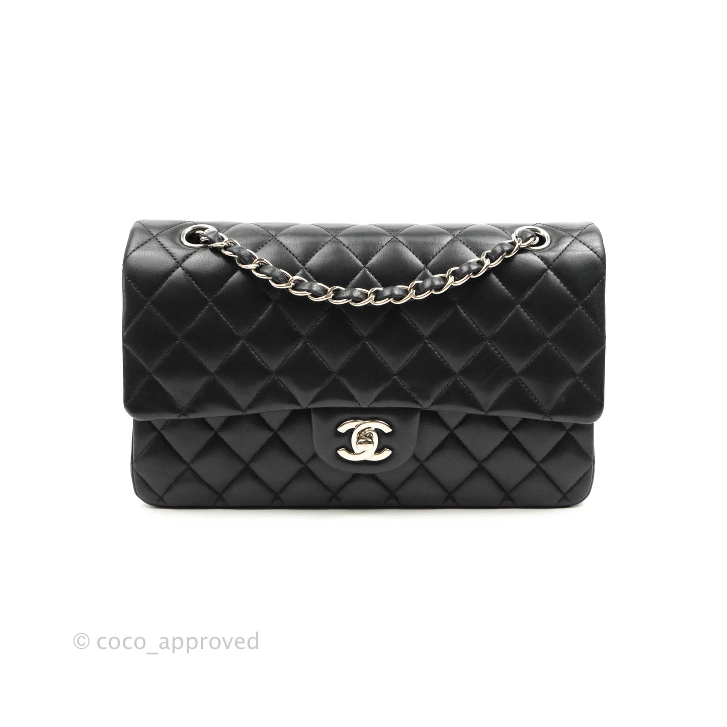 Chanel Classic M/L Medium Double Flap Black Lambskin Silver Hardware