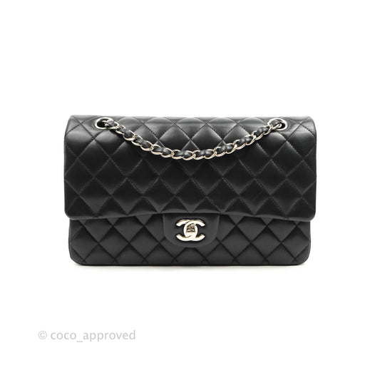 Chanel Classic M/L Medium Double Flap Black Lambskin Silver Hardware